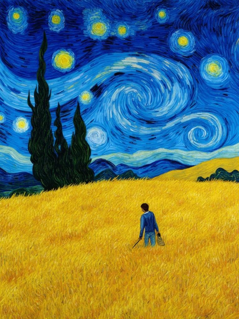 van_gogh, Enriched prompt: Imagine a breathtaking painting that captures the romantic intensity of a wheat field under a starry night sky. The vibrant field is alive with the golden hues of wheat, their heads bowing under the gentle night breeze, while a dedicated wheat snapper diligently works amidst the crops, bringing a sense of human presence and toil to the landscape. Towering cypress trees punctuate the scene, their dark silhouettes standing in stark contrast against the swirling, pulsating sky.

The sky itself is a swirling masterpiece—a cacophony of rich blues and deep indigos interspersed with bright, swirling stars that seem to dance and vibrate across the canvas. The composition is enhanced with bold, expressive strokes that evoke a sense of movement and life, reminiscent of curling flames that twist and turn with emotion and urgency.

The color palette is intense and dynamic, utilizing bold complementary contrasts such as the cool blues of the sky against the warm, golden yellows of the wheat and the deep greens of the cypress trees. These contrasts are applied in thick, impasto layers that add texture and depth to the painting, creating an almost three-dimensional impact.

Loose, energetic brushstrokes give the piece a rhythmic, pulsating quality, while the swirling patterns and linear details instill a feeling of movement, as if the entire scene is caught in a moment of dynamic transformation. The emotional intensity and urgency are palpable, drawing viewers into this deeply personal, yet universally compelling artwork.

This exquisite painting is designed to be the centerpiece of a digital wallpaper, ensuring a crisp, clean look that is perfect for printing, capturing the essence of the scene in vivid detail for a stunning visual display.