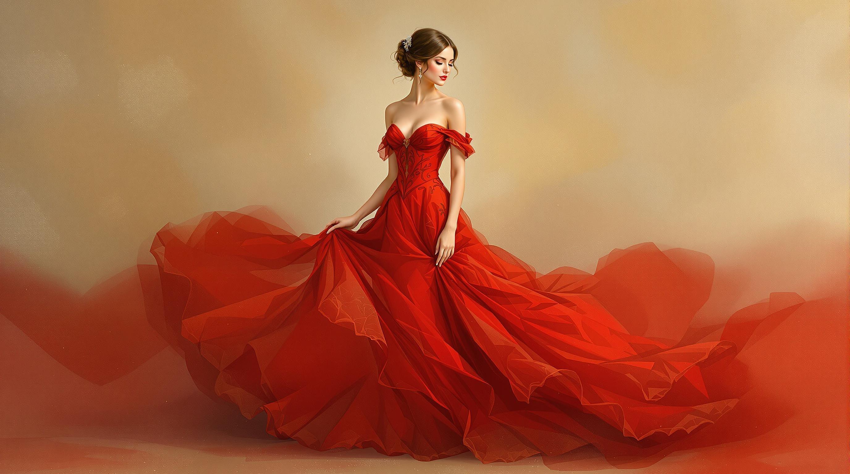, Enriched prompt: Create a captivating digital-wallpaper depicting a classical painting of a woman in a red dress. At the center of the composition, the woman stands gracefully, embodying the elegance and poise characteristic of classical artistry. Her crimson gown flows with intricate detailing, capturing the light in a way that accentuates the rich textures and layers of the fabric. The background is tastefully subdued, with softly blended tones that highlight the figure's prominence while maintaining a timeless, serene atmosphere. The artist should take inspiration from the refined techniques of the classical style, ensuring the woman’s delicate features and serene expression are rendered with meticulous attention to detail. This painting invites viewers to immerse themselves in the graceful sophistication of a bygone era, making it an ideal centerpiece for any digital space.