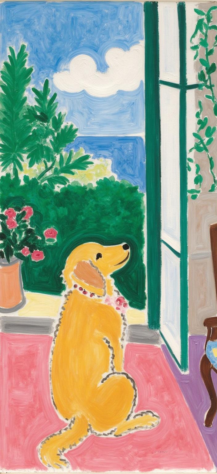 mattise_nice, A vibrant and expressive painting captures the serene yet curious essence of a puppy golden doodle, its fluffy silhouette seated gracefully with its back turned toward us. This charming scene is painted in the "Matisse in Nice" style, known for its bold colors and fluid lines, drawing inspiration from the vibrant and energetic ambiance of Henri Matisse’s works during his time in Nice. The puppy's curly fur is rendered with a playful use of vivid hues, each curl a dance of color that harmonizes with the sunlit interior. Through the large window, a stunning view unfolds, with lush greenery and a clear sky creating a picturesque backdrop that adds a layer of tranquility and exploration. The room is infused with warmth, the soft spill of sunlight casting gentle shadows and highlights. Every brushstroke is calculated to bring a sense of movement and life, while the overall composition remains balanced and symmetrically centered, making it ideal as a digital wallpaper. The image evokes a sense of wonder and peace, capturing a moment frozen in time that invites the viewer to pause and admire the beauty of the everyday.