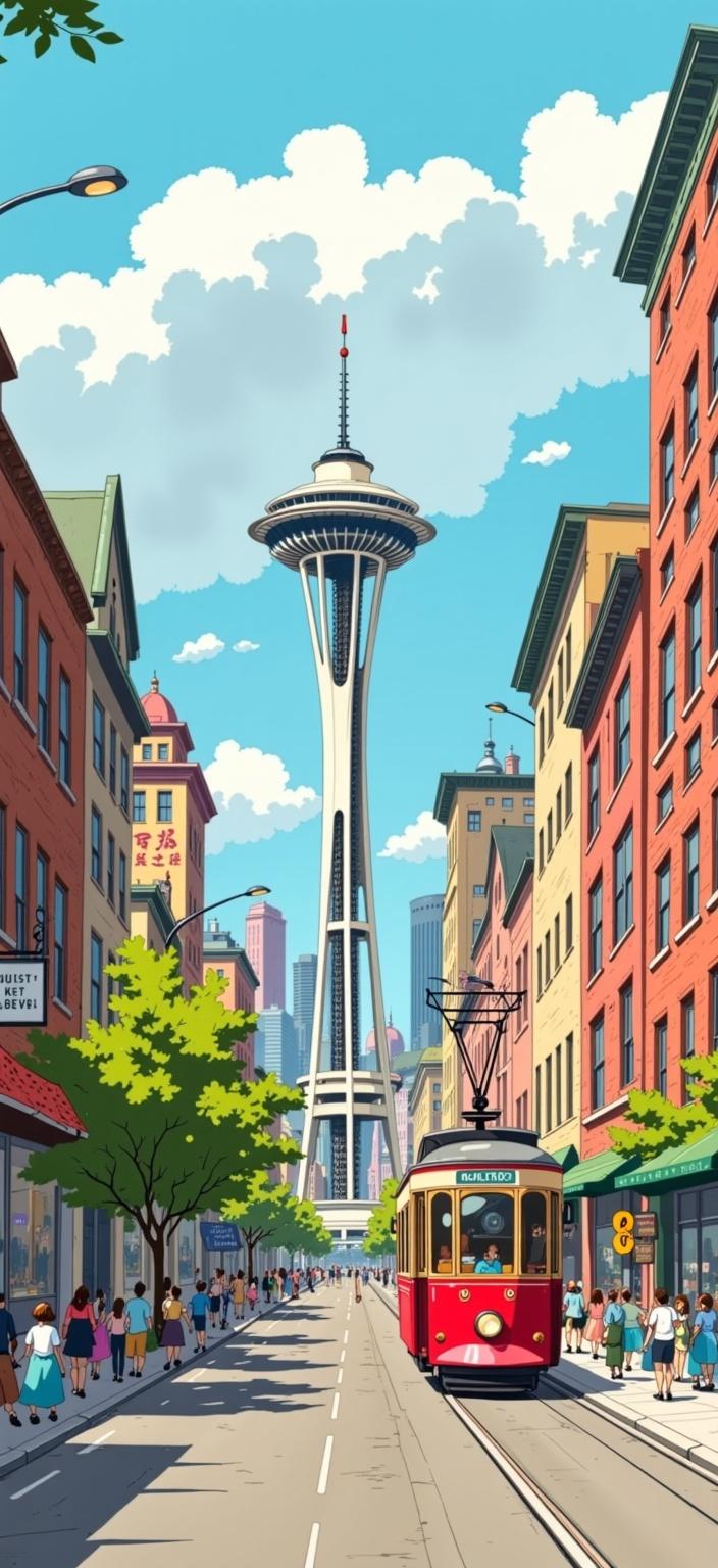 ghibli_illustration, Enriched prompt: 

The painting centers around the iconic skyline of Seattle, portrayed in a whimsical and joyful hand-drawn animation style. The scene is rich in detail, capturing the vibrant essence of the city with expressively designed characters that populate the busy streets, creating a tapestry of lively interactions. The composition is imbued with bright yet slightly muted colors, lending a dreamy, nostalgic quality to the piece. 

The warm, natural lighting bathes the cityscape, enhancing the cozy and inviting mood of the artwork. The use of soft, painterly textures and subtle imperfections conveys a hand-drawn feel, with pencil sketches bringing an organic movement to the bustling urban environment. Everyday objects, from the iconic Space Needle to charming street vendors, are meticulously rendered, giving the painting a tangible and lived-in atmosphere.

The richly detailed background comes alive with elements like gently swaying trees, shimmering waters of Puget Sound, and vintage streetcars clattering along the tracks. The harmonious blend of vivid colors avoids harsh contrasts, maintaining a soothing and nostalgic look ideal for digital wallpaper. The main subjects are accurately proportioned and clearly visible, ensuring a crisp, clean aesthetic suitable for printing. This enchanting depiction of Seattle transforms the ordinary into an extraordinary, capturing the heart and spirit of the Emerald City in a poetic and dreamlike manner.