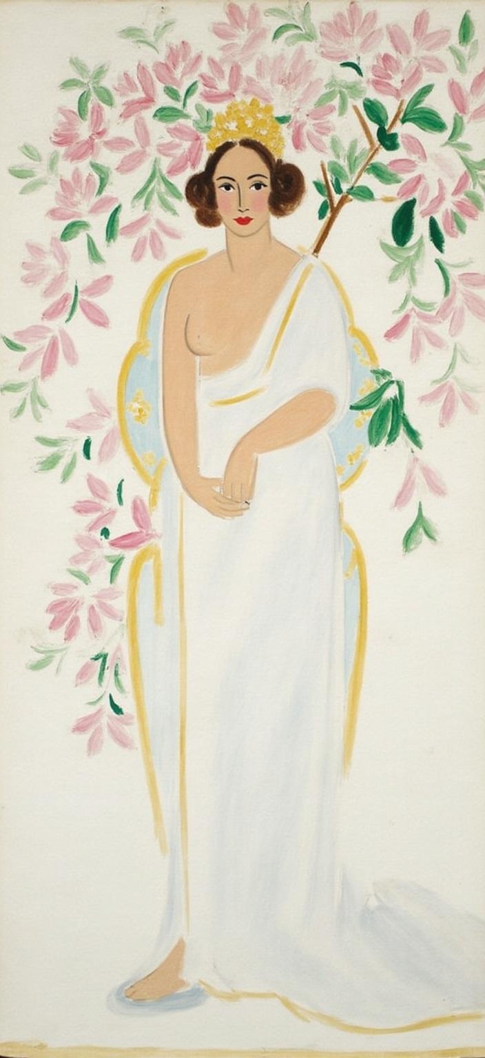mattise_nice, The painting centers on a regal figure adorned with an elaborate crown made from magnolias, their petals painted in soft, delicate hues of pastel pinks and subtle golds. The figure is draped in a flowing white gown that cascades gracefully down, its fabric capturing the gentle interplay of light and shadow reminiscent of the elegance found in Matisse's works during his time in Nice. Surrounding the figure, stylized magnolia branches extend outward, their forms artfully abstracted, with playful lines and vibrant colors that echo the joyful energy of Matisse's style. The branches weave a harmonious frame around the subject, enhancing the ethereal quality of the scene. The background is a soft painterly canvas that subtly blends pastel tones, providing a serene and tranquil setting that allows the central figure and magnolia crown to stand out with striking clarity. This composition ensures a clean, crisp look ideal for digital wallpaper, inviting the viewer to immerse themselves in a world where elegance and nature combine under the artistic inspiration of a masterful style.