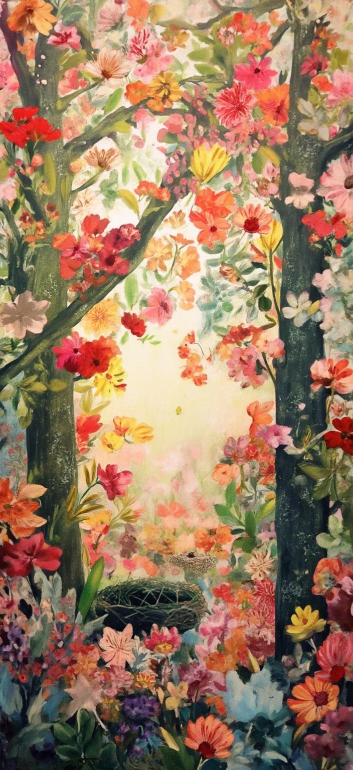 colorful_illustration, The painting features a captivating, whimsical scene centered around the delicate beauty of a rain-kissed spring. At the forefront, rain-speckled petals adorn the branches of blossoming trees, each droplet glistening like tiny jewels in a gentle embrace with the vibrant blooms. The misty, foggy background creates a mysterious atmosphere, enveloping the trees in a soft, ethereal haze that suggests a serene early morning. Nestled in the crook of one of the branches is a charming bird’s nest, lovingly crafted with strands and twigs. Inside, peep tiny chicks or delicate, speckled eggs, hinting at the promise of life and continuity.

The artwork is inspired by a vibrant and colorful illustration style, with a playful and dynamic hand-drawn feel. The background is enriched with organic shapes and scattered decorative elements, interspersed with various leaves and floral motifs that dance harmoniously across the canvas. This arrangement lends the piece a natural, free-flowing quality. The composition is lavish and intricate, blending bold organic shapes with delicate details. Scattered ornamental elements like dots, swirls, and abstract motifs add layers of complexity, with luxurious colors and patterns creating a sense of depth and movement. The organic shapes and radial floral patterns evoke the essence of Scandinavian folk art and mid-century botanical prints, resulting in a harmonious, hand-crafted aesthetic.

Designed to be a digital wallpaper, the image is meticulously centered, ensuring a crisp, clean look that makes it an ideal choice for digital displays, adding a splash of vibrancy and natural beauty to any setting.