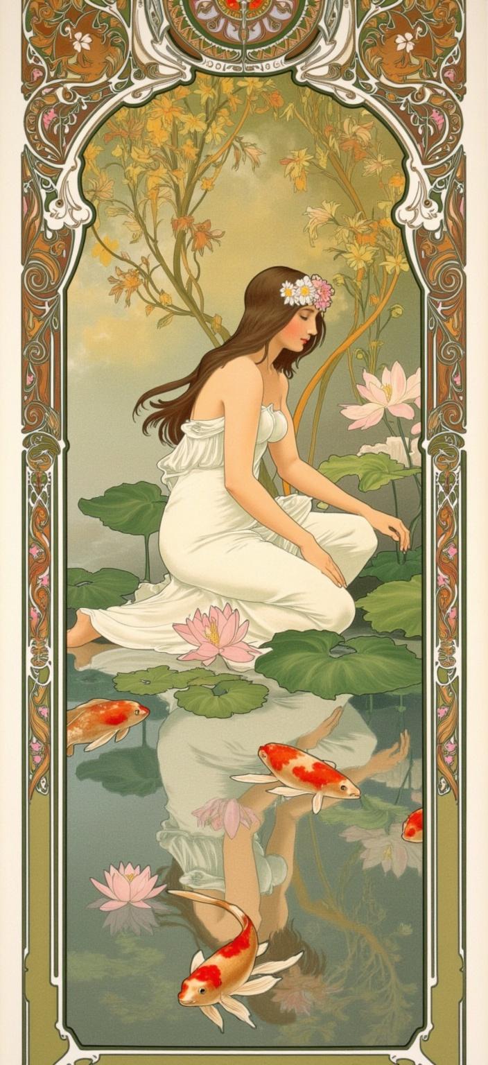 mucha, In the center of the digital wallpaper, a serene fairy kneels gracefully beside a tranquil lily pond, her delicate fingers gently caressing the water's surface. Surrounding her are vibrant koi fish, their scales shimmering in a kaleidoscope of colors, weaving gracefully through the water. Lotus blossoms in full bloom float elegantly around her, petals gently unfurling, adding a sense of gentle vibrancy to the scene.

The fairy's reflection in the pond forms an Art Nouveau masterpiece, with flowing, organic lines and intricate decorative patterns that echo her ethereal beauty. Her reflection is perfectly mirrored, creating a harmonious symmetry that captures the essence of this enchanting moment.

The painting draws inspiration from the Flowing style, characterized by intricate decorative patterns and a harmonious blend of natural motifs. The background is a dreamlike tapestry of stylized elements: vines intricately weaving their way through a sea of blooming flowers and celestial elements. Gusts of sinuous vines and delicate flowers are woven together to create a lush tapestry that evokes a sense of romanticism.

A refined ornamental quality pervades the entire composition, enriched with Mucha’s signature blend of delicate colors. The scene is enveloped within a grand ornamental frame, reminiscent of a Gothic window. This intricate border is a masterpiece in itself, adorned with sweeping curves, detailed embellishments, organic patterns, and celestial symbols.

The frame serves not only as a visual unifier but also as a gateway into the fairy's dreamlike realm, where nature and human emotion intertwine in poetic harmony. The overall aesthetic is suitable for a digital wallpaper, providing a crisp, clean look that captures the viewer's imagination, transporting them to this enchanted, serene world.