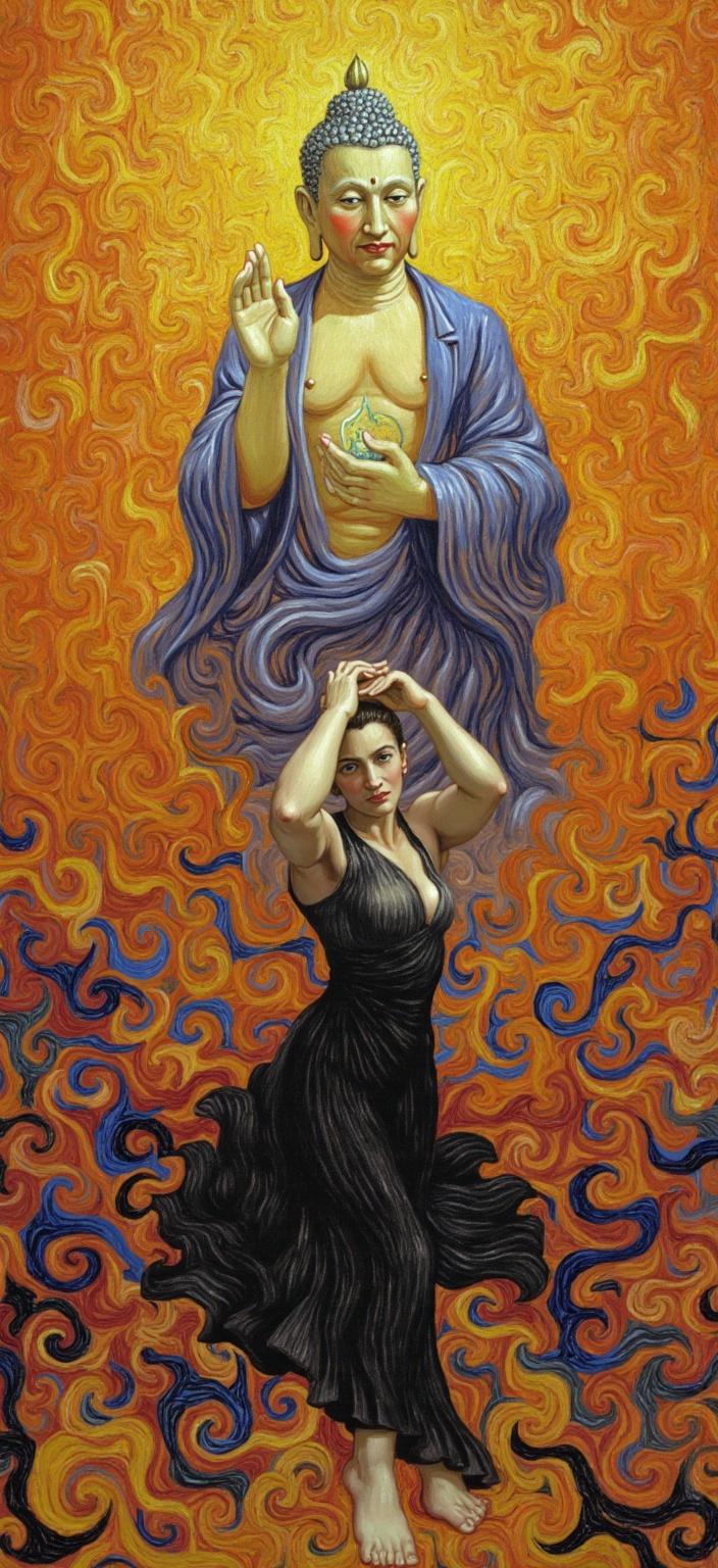 van_gogh, In a vibrant and emotionally charged painting, the scene is set to capture the profound intersection of spirituality and personal expression. At the heart of this artwork, the Maitreya Buddha stands as a towering figure of hope and salvation, an imposing presence signaling the dawn of a new era. This divine figure is surrounded by a cascade of vibrant, swirling colors reminiscent of an intense sunset—rich oranges, deep blues, and purples, interspersed with golden highlights that evoke a sense of majesty and impending transformation. The dynamic brushwork brings to life the Buddha's serene yet powerful aura, his presence echoing ancient prophecies and inviting the viewer to contemplate the role of spiritual salvation in a rapidly changing world.

Intertwined with this scene is the depiction of a woman's intimate world—a talented lingerie designer immersed in her creative sanctuary. Her slender form is accentuated by a translucent black silk dress, so delicate that it resembles the wings of a cicada, hinting at the curves beneath with an allure that is both subtle and provocative. Around her, an environment brims with inspiration: sketchbooks filled with delicate drawings of lace-trimmed corsets, piles of draft paper, and volumes upon volumes of lingerie notebooks that serve as both professional records and personal diaries of desire and self-exploration. 

Everywhere you look, the painting is alive with movement. The brushstrokes are energetic, almost flame-like, as they dance across the canvas, pulling together elements of the spiritual and the sensual in a harmonious yet urgent narrative. The use of bold complementary color contrasts—cerulean blues against blazing oranges, vivid yellows against deep purples—serves to heighten the visual impact, creating a tapestry of emotional depth and intensity. This dynamic fusion of elements makes the painting ideal as a digital wallpaper, ensuring it grips the viewer's attention with every glance, delivering both serenity and passion in equal measure.