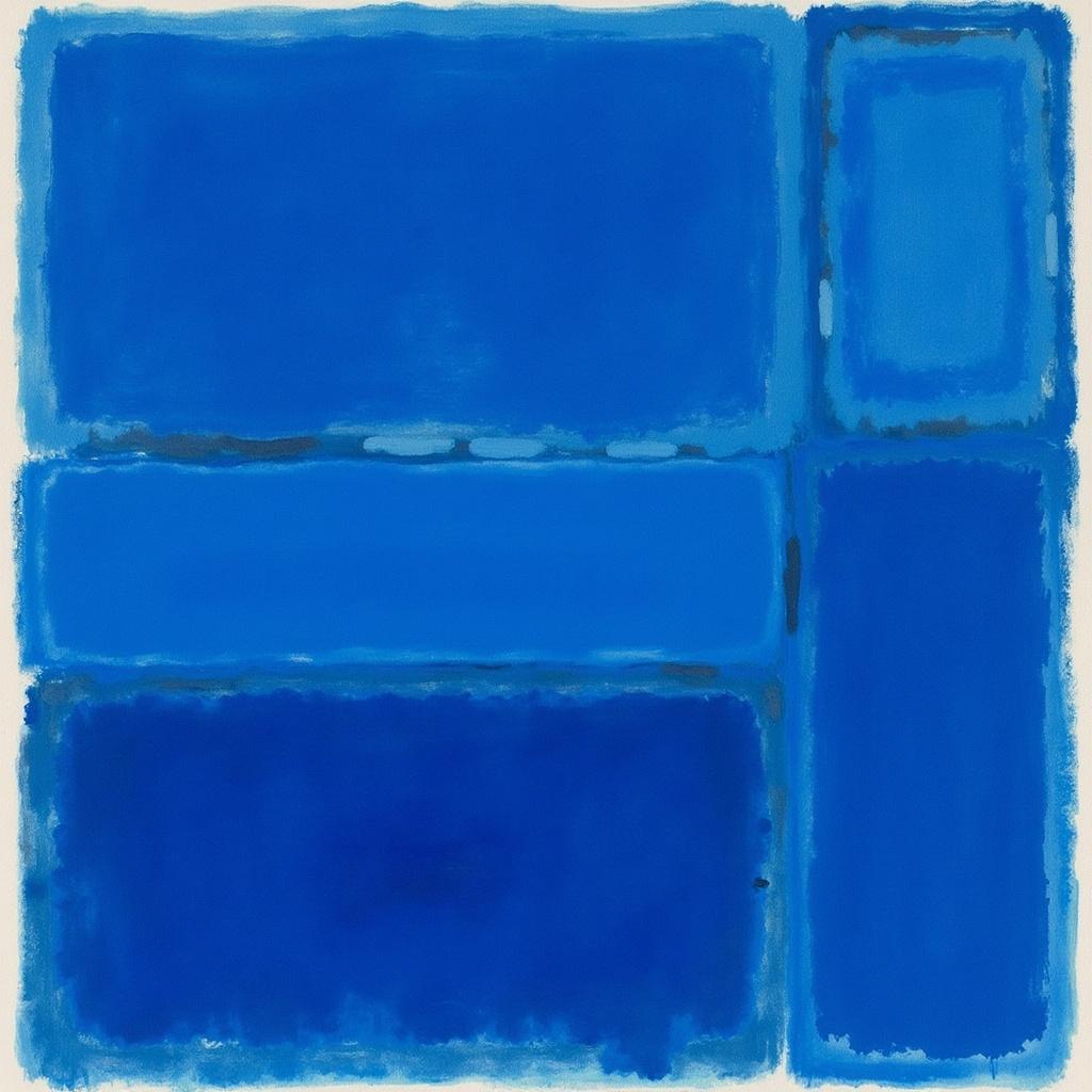 rothko, Create a captivating piece of wall art featuring blurred rectangular shapes in deep blue, expertly composed in a style synonymous with complex layering of translucent color. This painting embodies an enchanting interplay of light, creating an extraordinary display of "inner light" and remarkable luminosity. At close proximity, viewers will notice how the deep blue colors seem to melt and seamlessly fuse together, with indistinct boundaries between the shapes. From afar, these soft-edged rectangles appear to hover weightlessly on the canvas, forming ethereal, floating zones of color. The richly varied surfaces, enhanced with drips or strokes of paint that traverse in unconventional directions, add an element of surprise and wonder to the artwork. Center this striking creation to ensure a crisp, clean aesthetic that is perfectly suited for wall art, inviting viewers into a realm of abstract depth and visual harmony.