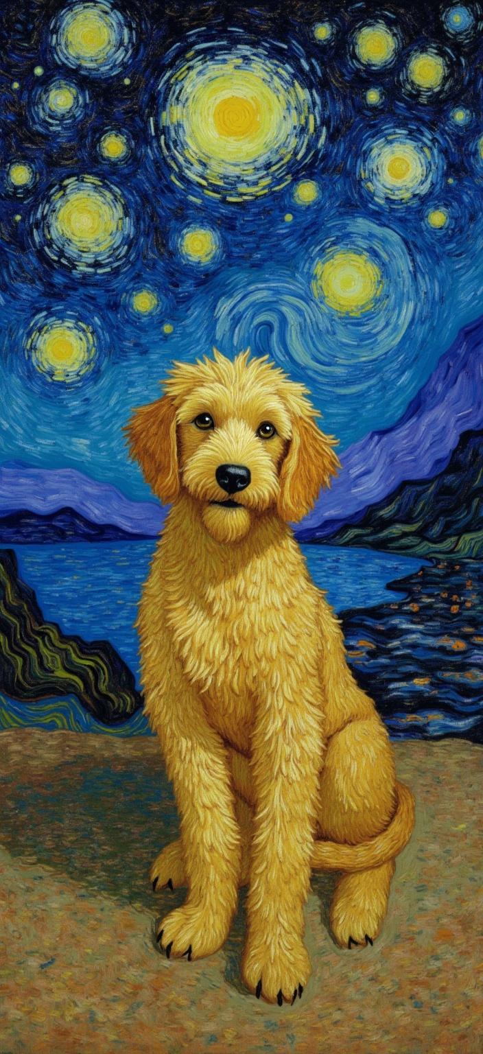 van_gogh, A captivating portrait capturing the serene yet curious gaze of a small golden doodle as it sits intently watching the mesmerizing starry night. The scene is rendered with intense color and dynamic brushwork, drawing inspiration from post-impressionist styles. Rich, vivid colors are applied in thick, impasto layers, conveying a tangible sense of movement and emotional depth. Bold complementary color contrasts are employed, with swirling blues woven with bursts of orange, creating a captivating palette that enhances the visual impact and intensity of the scene. The sky, alive with vibrant yellows and purples, dances with a rhythmic, almost pulsating quality, echoing the swirling energy above. The loose, energetic brushstrokes form curly, flame-like patterns, imbuing the painting with a unique sense of motion and life. Its composition, imbued with raw emotion and urgency, captures the universal wonder of the night sky, as seen through the eyes of the engaged doodle. This artwork is centered to ensure a crisp, clean look, making it a perfect piece for a digital wallpaper.