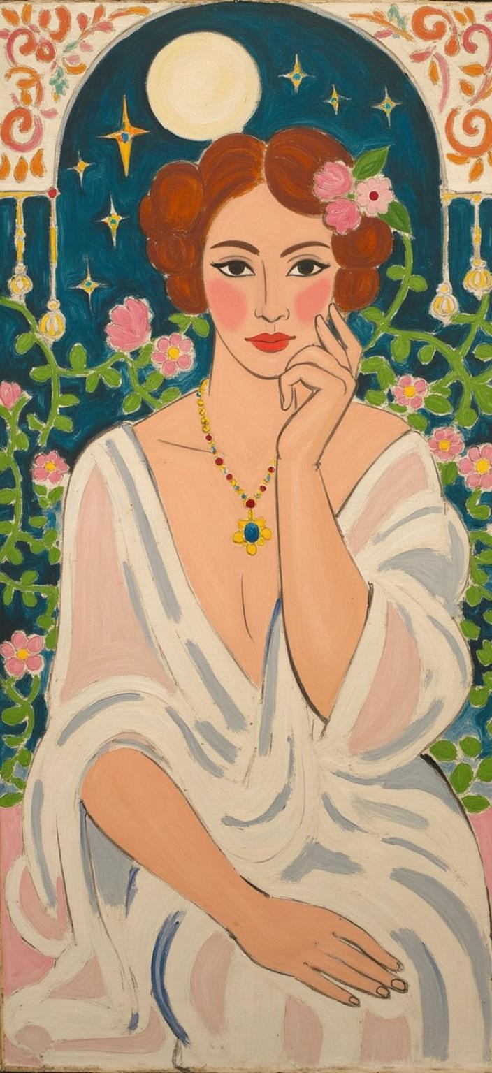 mattise_nice, Imagine a captivating portrait of a woman, gracefully posed and directly engaging the viewer with an enigmatic gaze that blends elegance and mystery. Her presence is accentuated by a delicately crafted necklace, intricately designed to capture the eye, resonating with meticulous detail. This painting draws inspiration from Matisse's time in Nice, notably infusing the artwork with vibrant colors and expressive forms that echo Mucha's flowing and organic linework. The woman's serene expression is beautifully outlined by these lines, cascading into her rich auburn hair, which is interwoven with delicate flowers and vines, symbolizing her harmonious bond with nature.

Her attire is simple yet artistically embellished with subtle decorative patterns, mirroring the elegant motifs of Art Nouveau, which create a visual rhythm, inviting the viewer to explore the artwork more deeply. The background is a dreamlike tapestry, where celestial elements such as ethereal stars and gentle moonbeams blend seamlessly with a highly stylized backdrop of swirling mists and ornate, geometric patterns—evoking a sense of romantic nostalgia customary of Matisse's vivid compositions.

The painting comes alive with a vibrant palette of delicate colors, where soft pastels and earthy tones converge, creating a luminous, enchanting glow that envelops the entire scene. Exuberant floral motifs, composed of sinuous vines and blooming flowers, weave through the composition, enhancing its refined, ornamental quality.

Framing this evocative scene is an elaborate ornamental border reminiscent of a grand Gothic window, which encases the artwork. This intricate frame, adorned with ornate curves, organic patterns, and celestial symbols, serves as a visual anchor and a gateway into this ethereal realm. The painting eloquently intertwines nature and human emotion in poetic harmony, crafting a timeless piece. As a digital wallpaper, this artwork transforms any screen into a portal to a dreamlike world, effortlessly elevating devices with classic sophistication. Perfect for those seeking to infuse their digital spaces with beauty and elegance, it stands as a statement piece, showcasing the enduring allure of art.