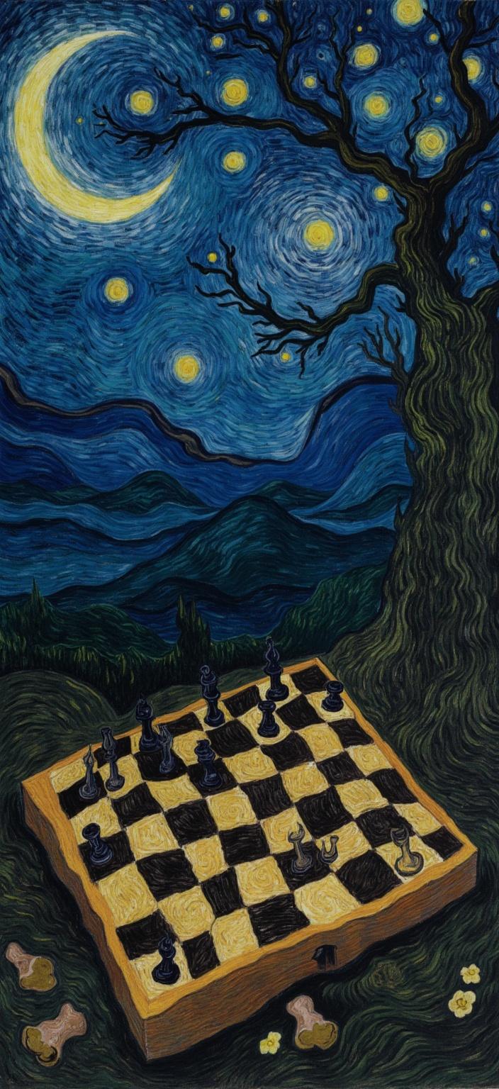van_gogh, Enriched prompt: The painting features an evocative and intense scene where a dark, moody chessboard sits prominently in the foreground beneath the swirling, celestial panorama of Van Gogh’s iconic "Starry Night." The artwork, inspired by Van Gogh's post-impressionist style, captures the interplay of night and mystery with vivid, rich colors applied in thick, impasto layers. The chessboard and its pieces are bathed in the delicate, yet striking illumination of the starlit night, with hues of deep blues and blacks juxtaposed against vibrant yellow highlights, mirroring the luminous sky above.

The scene is brought to life through the artist's use of loose, energetic brushstrokes, creating a rhythmic, almost pulsating atmosphere. Bold complementary color contrasts, such as blue against orange or yellow against purple, heighten the visual impact, drawing the viewer into the painting's emotional depth. The expressive brushwork is dynamic, with swirling, flame-like patterns that breathe life and movement into the composition, capturing a sense of urgency and raw emotion.

This digital-wallpaper-ready artwork has a crisp, clean focus on the chessboard, ensuring its suitability for printing as a digital wallpaper. It combines a dreamlike composition with the quintessential aspects of Van Gogh's expressive style, resulting in a piece that is both deeply personal and universally compelling, inviting viewers to delve into the mystery and depth it portrays.