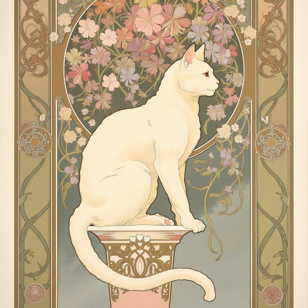 mucha, A captivating painting centered around a serene white cat perched gracefully beside an ornate vase. The scene draws inspiration from the flowing, organic lines and intricate decorative patterns of Art Nouveau, reminiscent of Alphonse Mucha’s iconic works. The cat, with its fur as pure as freshly fallen snow, exudes an air of quiet contemplation, its poised silhouette harmoniously integrated with the surroundings.

The vase, an exquisite masterpiece in itself, overflows with a lush bouquet of intricately detailed flowers, each petal meticulously rendered to capture the essence of a blooming garden. Sinuous vines weave delicately around the vase, their tendrils extending beyond the scene to create a sense of continuity and unending beauty. The background unfolds in a highly stylized manner, a dreamlike tapestry of celestial elements and natural motifs, blending seamlessly to evoke a romantic and ethereal atmosphere.

This enchanting composition is imbued with Mucha’s signature blend of delicate pastels and exuberant floral motifs, where soft hues of lavender, rose, and gold intertwine to weave a tapestry of refined artistry. The entire scene is framed within an elaborate ornamental border, echoing the grandeur of a Gothic window. This frame, adorned with sweeping curves, organic patterns, flowers, and celestial symbols, not only encapsulates the artwork but also serves as a gateway into a poetic realm where nature and emotion become one.

Designed with precision for wall art, the image boasts a crisp, clean look that captures the imagination and invites viewers to lose themselves in its enchanting details, making it a perfect piece to elevate any space with its dreamlike aesthetic.