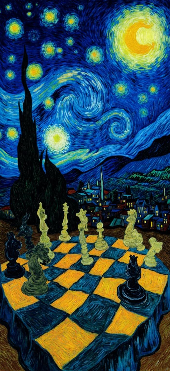 van_gogh, In this captivating digital wallpaper, the viewer is drawn into a mesmerizing scene where a dark, moody chessboard takes center stage under the swirling stars inspired by Van Gogh’s iconic "Starry Night." Painted in the post-impressionist style, this artwork beautifully integrates the intense color, dynamic brushwork, and bold, expressive compositions that define this era. The chessboard, along with its pieces, is subtly illuminated by the starlight, casting deep blues, blacks, and vibrant yellow highlights that reflect the enigmatic night sky.

The composition evokes mystery and depth, achieved through Van Gogh’s signature thick texture and expressive brush strokes. The vivid, rich colors are applied in impasto layers, creating a sense of movement and emotional depth that is both captivating and immersive. The chessboard's arrangement is highlighted by bold complementary color contrasts—such as blue and orange, or yellow and purple—heightening the visual impact and intensity of the scene.

The brushstrokes are loose, energetic, and swirling, with curly, flame-like patterns that give the painting a rhythmic, almost pulsating quality. This dynamic touch, combined with vigorous, linear patterns, instills a unique sense of motion and life within the piece. The artwork is infused with raw emotion and a sense of urgency, making it both deeply personal and universally compelling. Centered perfectly for a crisp, clean look, this digital wallpaper transforms any space with its dreamlike composition, inviting viewers to ponder the strategic mysteries of the chessboard and the infinite wonders of the night sky.