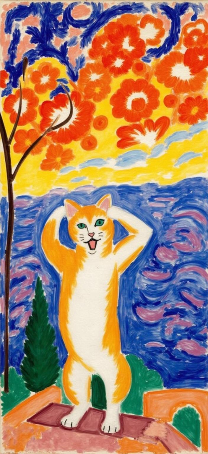 mattise_nice, Title: "The Feline's Scream in Nice"

Enriched Prompt: Imagine a vibrant and captivating digital painting that humorously reimagines a classic scene in the style of Henri Matisse's "Nice" period. At the heart of this masterpiece is a wide-eyed cat standing dramatically on a rustic bridge, caught in a moment of exaggerated surprise. The cat, with its mouth agape in a dramatic, exaggerated scream, mirrors the familiar intensity of Edvard Munch’s 'The Scream,' yet its expression is tinged with a delightful touch of surreal comedy. Its paws cover its ears, seemingly overwhelmed by the cacophony of the colorful world around it.

The painting draws inspiration from Matisse's distinctive style, characterized by bold colors, dynamic brushwork, and expressive compositions. The cat's fur is illustrated with lively hues that echo the vibrancy of Matisse's palette, with each brushstroke radiating energy and emotional depth. Rich, impasto layers lend a tactile quality to the piece, inviting viewers to almost feel the texture as they gaze upon it.

The background is a tour de force of swirling sunset skies, alive with flame-like patterns. Vivid oranges dance with deep purples and cool blues, creating a rhythmic symphony of color that pulses with life. These hues, applied with loose, energetic strokes, contrast boldly—such as the striking juxtaposition of blue against orange and yellow against purple—heightening the visual impact and intensity of the artwork.

The composition, centered perfectly to suit its intended purpose as a digital wallpaper, makes for a crisp and clean visual experience. This meticulous centering draws the eye to the dynamic interaction between the surreal, comical cat and its vibrant surroundings, establishing a scene that is both deeply personal and universally appealing.

In this delightful homage, the painting captures the essence of drama, surrealism, and humor in a style that is both reminiscent of Matisse and uniquely its own. An ideal choice for digital wallpaper, this masterpiece invites viewers to immerse themselves in its whimsical charm, where the everyday world transforms into a vibrant tableau of color and emotion.