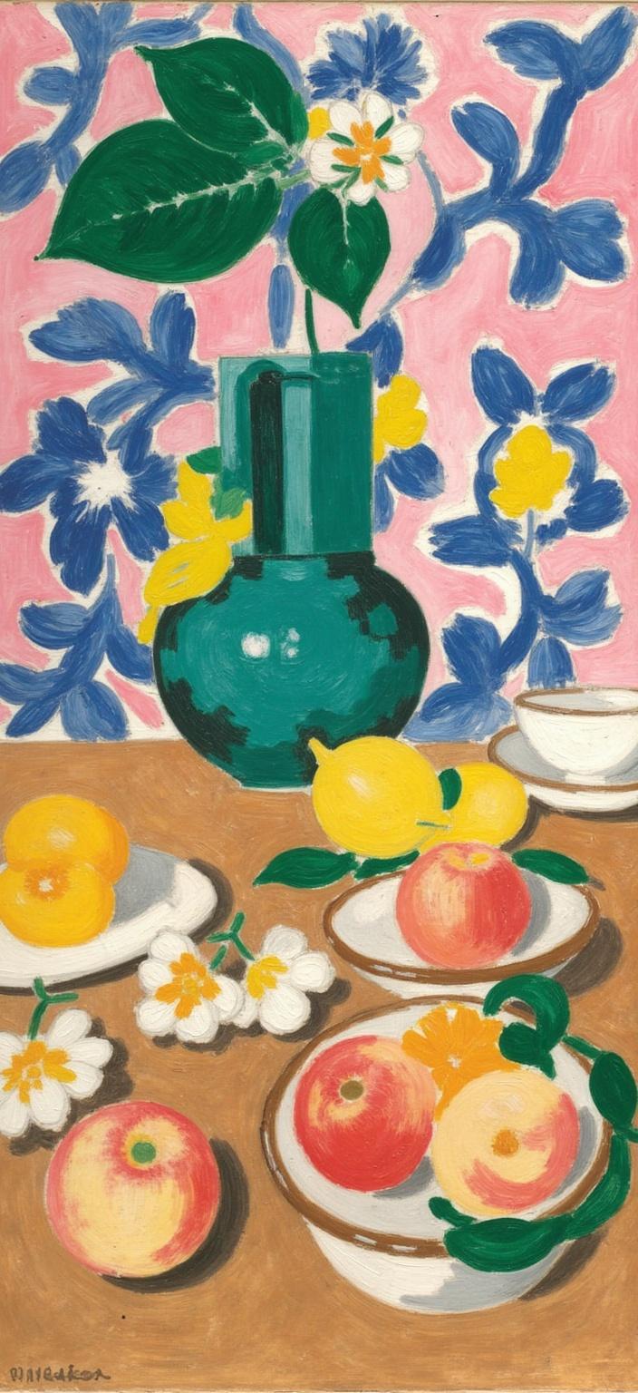 mattise_nice, In this exquisite digital wallpaper, imagine a still life painting that draws inspiration from Henri Matisse's "Nice" period, capturing a burst of color and expressive form. The scene is centered around a rustic wooden table, its grain and texture meticulously detailed, providing a warm and inviting foundation to the composition. Arranged elegantly on the table are ripe, luscious peaches and apricots, their velvety skins glowing with shades of blush pink, golden yellow, and soft orange under the light. Each fruit is carefully positioned, showcasing the plumpness and natural beauty of their shapes.

Surrounding these enticing fruits are delicate white flowers, their petals rendered with light, fluid brushstrokes characteristic of a painterly style, adding an airy grace to the scene. The flowers' gentle hues and ephemeral presence beautifully contrast with the vibrant, solid forms of the peaches and apricots, balancing the composition.

The background is a symphony of Matisse-inspired colors, using bold, harmonious tones to evoke a sense of joy and leisure typical of his works created in Nice. This engaging backdrop serves to elevate the still life, giving it an artistic flair that is both modern and classic. The entire painting is presented with precision, centered for a crisp and clean look, making it perfect for a digital wallpaper, where art meets everyday functionality.