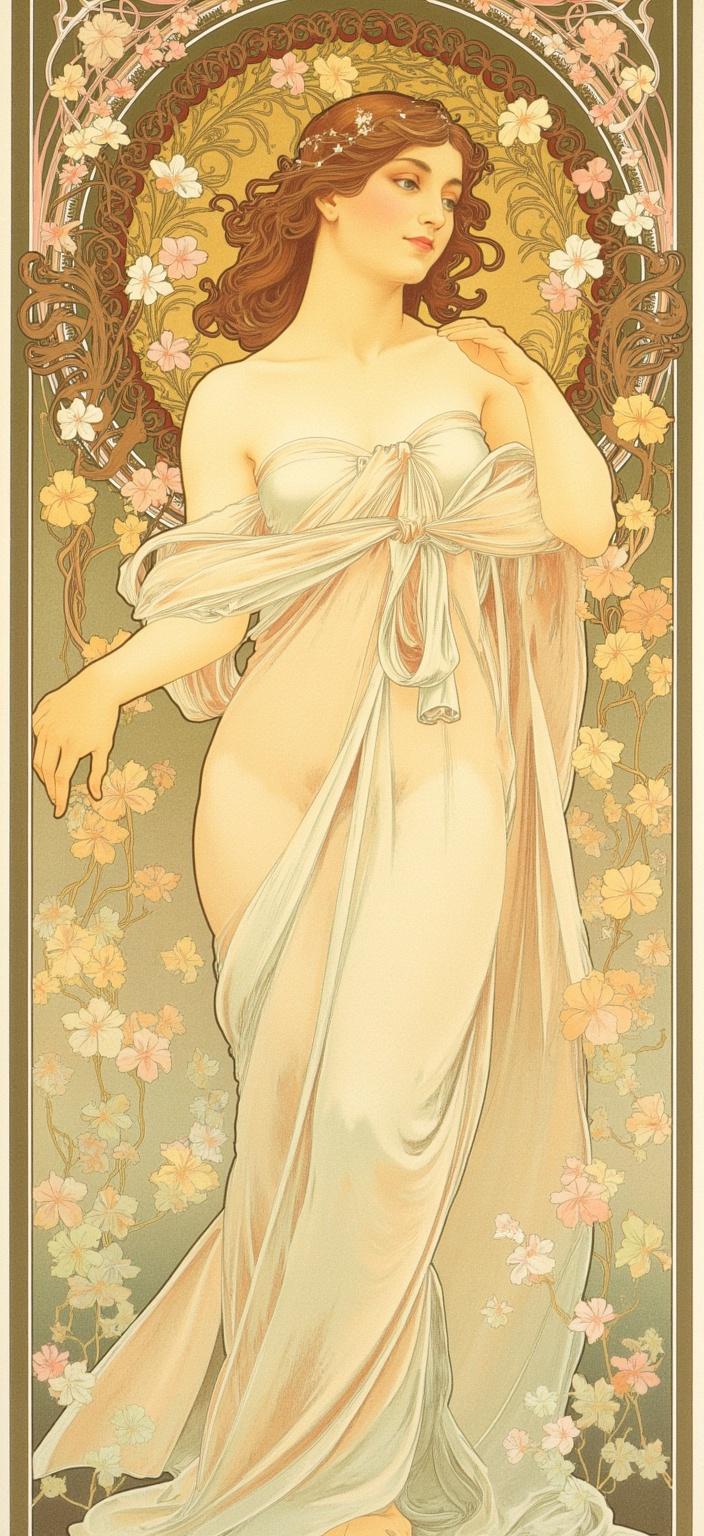 mucha, In the enchanting style of Alphonse Mucha, envision a radiant spring morning scene that captures the essence of renewal and beauty. At the center of this artwork, a graceful young woman is depicted in flowing pastel robes that cascade around her with an ethereal grace. Her serene presence is enveloped by a profusion of blooming cherry blossoms and delicate vines, each petal and leaf meticulously detailed to evoke a sense of vibrancy and life. 

Soft golden sunlight filters through the scene, casting gentle, luminous highlights that dance across the woman's face and attire, enhancing the tranquil ambiance. The air seems almost tangible, filled with morning dew and the gentle whispers of birdsong, creating a sensory tapestry that invites the viewer into this serene morning idyll.

The background is a masterpiece of Art Nouveau inspiration, featuring flowing, organic lines and intricate decorative patterns. These elements merge seamlessly with natural motifs—flowers, vines, and subtle celestial elements—forming a dreamlike, romantic aesthetic. This composition is enriched further with Mucha’s signature blend of delicate colors and exuberant floral motifs, weaving together sinuous vines, blooming flowers, and subtle geometric patterns. These enhancements add a refined, ornamental quality to the artwork.

To unify the piece and invite the viewer deeper into this poetic harmony between nature and human emotion, the entire scene is enclosed within an elaborate ornamental frame. This border, reminiscent of a grand Gothic window, is adorned with sweeping curves and detailed embellishments. Organic patterns, flowers, and celestial symbols gracefully intertwine, serving as a gateway into this dreamlike realm.

This painting, with its crisp and clean composition, is designed to be a digital wallpaper, bringing a touch of timeless elegance and natural beauty into any digital space.