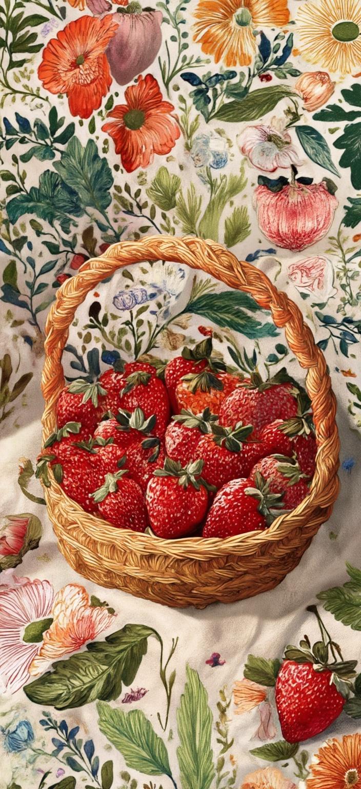 colorful_illustration, In the center of the image, a handwoven basket brimming with ripe strawberries sits gracefully atop soft, creamy linen. Each strawberry is painted with a vibrant red hue, dotted with tiny seeds and crowned with lush green tops, capturing their juicy ripeness. The basket itself is intricately detailed, showcasing the meticulous craft of weaving, with natural fibers forming a snug cradle for the fruit.

Basking in warm, golden light, the scene radiates a cozy cottagecore vibe, inviting a sense of nostalgia and comfort. This warm ambiance is further enhanced by the gentle shadows cast by the strawberries and basket, adding depth and dimension to the artwork.

The background is alive with an array of organic shapes and decorative elements, harmoniously scattered across the canvas. Various leaves and floral elements dance around the central composition, their vibrant greens and colorful petals contrasting beautifully with the red of the strawberries. The intricate composition draws inspiration from Scandinavian folk art and mid-century botanical prints, where bold organic shapes meld seamlessly with delicate details.

The lavish layering of colors and patterns creates a sense of depth and movement, with ornamental elements like dots, swirls, and abstract motifs skillfully interwoven throughout the background. This decorative style lends a playful, dynamic, and hand-drawn feel, capturing a sense of joyful abundance and intricate artistry.

Designed as a digital wallpaper, the image is centered to ensure a crisp, clean look suitable for screen backgrounds, transforming any digital device into a window to a lush, vibrant world where nature's bounty is celebrated in style.