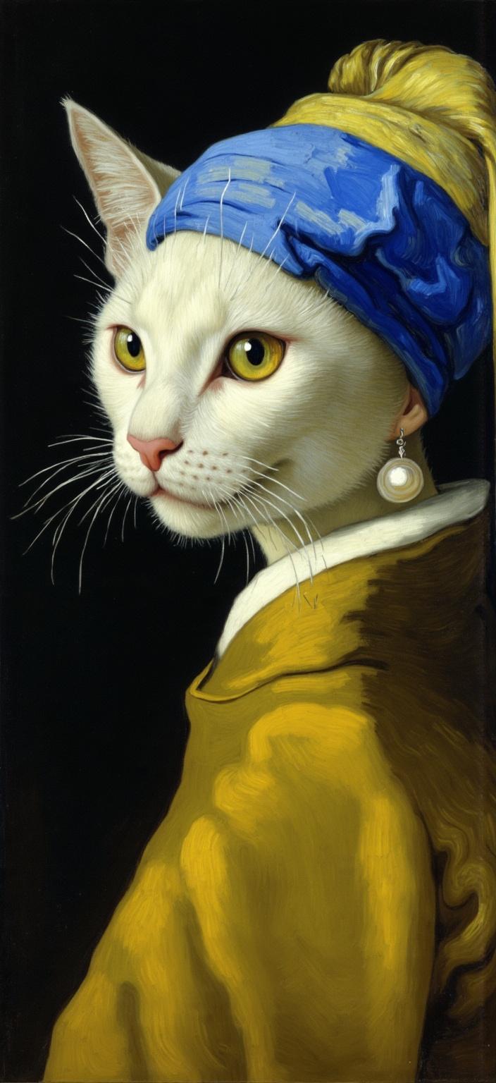 van_gogh, A captivating digital wallpaper featuring a white cat with large, expressive eyes, gracefully embodying Vermeer’s ‘Girl with a Pearl Earring’. The feline, exuding an air of elegance and mystery, is dressed in a golden-brown robe that flows with meticulous detail, alongside a striking blue and yellow headscarf that frames its gentle face. A magnificent, oversized pearl earring dangles delicately, capturing the subtle interplay of light and shadow. The painting draws from the classical Dutch Baroque style, with an emphasis on realism and fine detail, creating a serene and refined atmosphere.

This image infuses the traditional with a modern twist by incorporating elements of dynamic color and vigorous brushwork. The background is dark and minimal, yet it bursts with intense, vivid hues applied in thick, impasto layers that bring depth and intensity. Bold complementary color contrasts, such as the interplay of the blues and yellows of the headscarf, heighten the visual impact. The brushstrokes are loose and swirling, reminiscent of curly, flame-like patterns which breathe life and movement into the composition, enhancing the cat's poised yet lively presence.

The result is a piece that combines raw emotion with a sense of urgency, making the artwork both a deeply personal tribute to the timeless masterpiece and universally compelling in its modern execution. This art piece is centered to ensure a crisp, clean look suitable for digital wallpaper, transforming any screen into a portal to a world where classical elegance meets contemporary vibrancy.