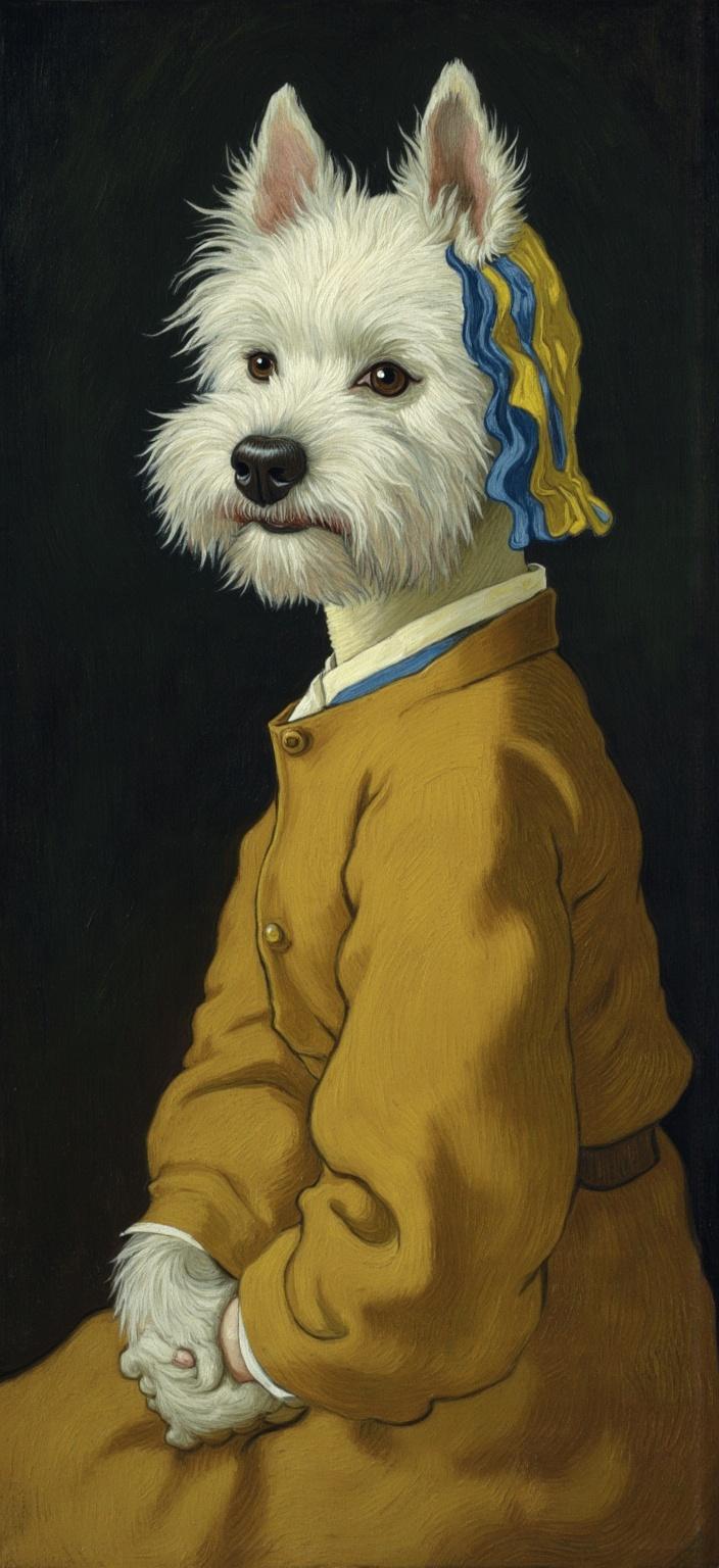 van_gogh, Enriched prompt:

Imagine a captivating digital wallpaper where the star is a delightful West Highland White Terrier, elegantly adorned in the iconic outfit from Vermeer’s ‘Girl with a Pearl Earring’. This small, fluffy dog, renowned for its expressive eyes, is depicted in a refined three-quarter pose. It's dressed in a golden-brown cloak, accentuating the subtle elegance reminiscent of the Dutch Baroque realism. A large blue and yellow headscarf wraps around its head, alongside a lustrous pearl earring, catching the light with a gentle shimmer.

The background is a dark, moody canvas, enhancing the dramatic effect and bringing forth the charm and poise of the subject—a tribute to Vermeer’s mastery. The painting draws inspiration from a vibrant artistic style known for its intense color and dynamic brushwork. This modern interpretation uses vivid, rich colors applied in thick, impasto layers, which evoke a sense of movement and emotional depth.

The scene is defined by bold complementary color contrasts; the blues of the headscarf and the golden-brown cloak echo against a backdrop that hints at oranges and deep purples, heightening visual impact and intensity. The brushstrokes are loose and energetic, swirling in curls and flame-like patterns, imbuing the image with a rhythmic, almost pulsating quality. These vigorous, linear patterns convey a unique sense of motion and life, making the scene both deeply personal and universally compelling.

The entire composition is centered, ensuring a crisp, clean look perfect for a digital wallpaper, transforming any screen into a portal of elegance and artistic flair.
