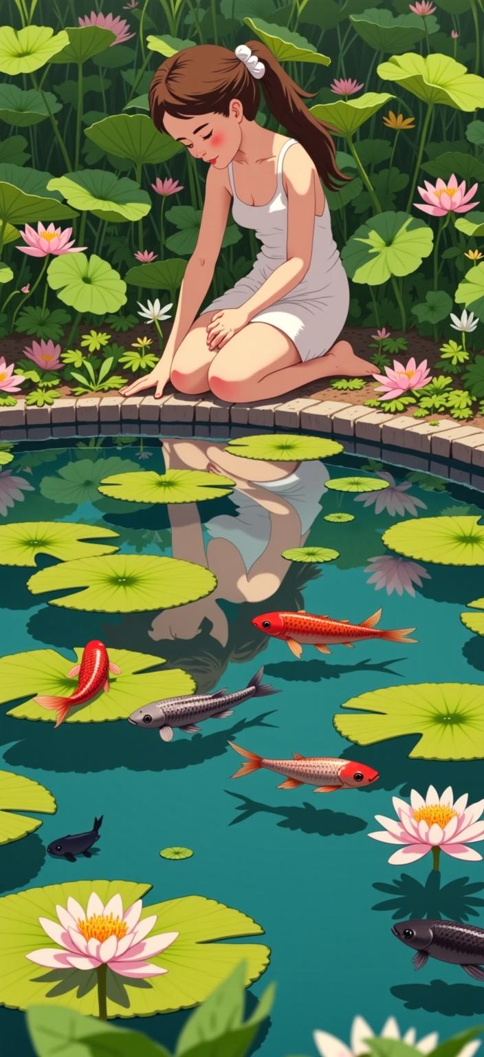 ghibli_illustration, In this enchanting digital painting, a serene fairy is depicted kneeling gracefully beside a tranquil lily pond. Her delicate fingers gently touch the water's surface, sending ripples through the pond, surrounded by vibrant koi fish swimming gracefully and lotus blossoms floating elegantly. The fairy's reflection in the water unfolds into a mesmerizing mirrored Art Nouveau pattern, adding an intricate layer of harmony and beauty to the scene.

Rendered in a style inspired by hand-drawn animation, the composition is imbued with richly detailed backgrounds and expressive character designs. The use of bright colors enhances the whimsical and joyful aesthetic, while soft, painterly textures and subtle pencil sketch imperfections evoke a hand-drawn feel, adding organic movement to the artwork. Warm, natural lighting bathes the scene, creating a cozy and inviting atmosphere.

The color palette is vivid yet slightly muted, avoiding harsh contrasts to maintain the dreamy, nostalgic quality of the painting. Richly detailed backgrounds bring the scene to life, with everyday objects and textures meticulously rendered to make the environment feel tangible and lived-in. The main subjects, carefully proportioned and clearly visible, are centered to ensure a crisp, clean look, making it perfectly suited as a digital wallpaper. This serene and captivating image invites viewers into a dreamlike world where nature and fantasy harmoniously coexist.