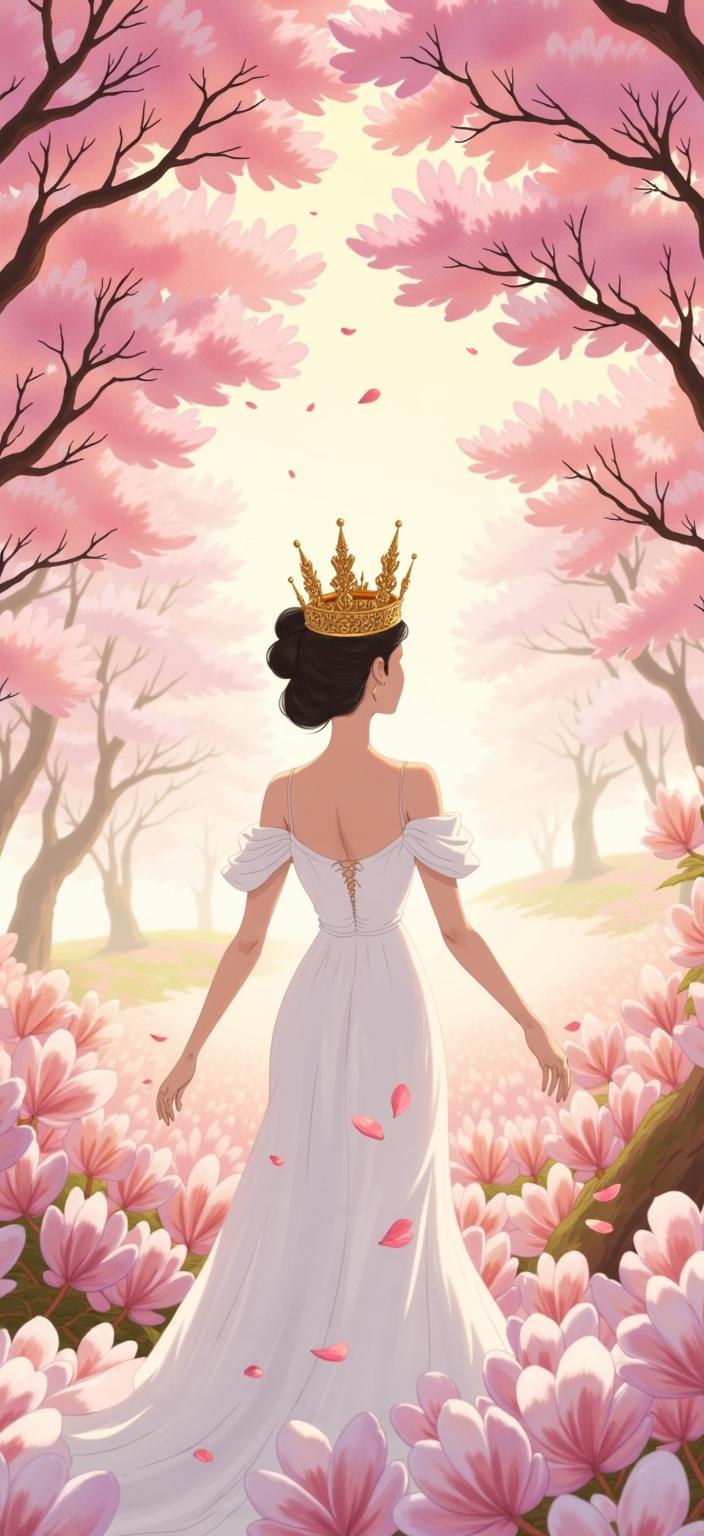ghibli_illustration, Title: "Magnolia Majesty"

In this enchanting digital painting, a regal figure stands at the center, radiating elegance and grace. The figure wears an elaborate crown intricately woven from magnolia flowers, their delicate petals ranging from soft pastel pinks to shimmering gold accents. These hues softly complement the flowing white gown that cascades towards the ground, capturing the essence of purity and tranquility.

The background, rich and alive with detail, is composed of stylized magnolia branches that frame the central figure. The branches, rendered in a harmonious blend of pastel pinks and gold, bend and sway gently, suggesting a sense of organic movement. The soft painterly textures of the backdrop evoke a dreamy and nostalgic quality, immersing the viewer in a world that feels both tangible and fantastical.

Inspired by the charm of hand-drawn animation, the painting showcases richly detailed backgrounds that pulse with life. Everyday objects and textures are meticulously rendered, adding depth and realism to the scene. The composition employs warm, natural lighting that bathes the figure and the surroundings in a cozy, inviting glow, enhancing the whimsical and joyful aesthetic.

The colors in the piece are vivid yet slightly muted, avoiding harsh contrasts to maintain a cohesive, dreamlike atmosphere. Subtle imperfections—including pencil sketch lines and organic textures—add to the hand-drawn feel, while ensuring the regal figure is accurately proportioned and clearly visible.

Designed as a digital wallpaper, this artwork is centered for a crisp, clean look, making it an ideal choice for enhancing any digital space with its captivating and serene presence.