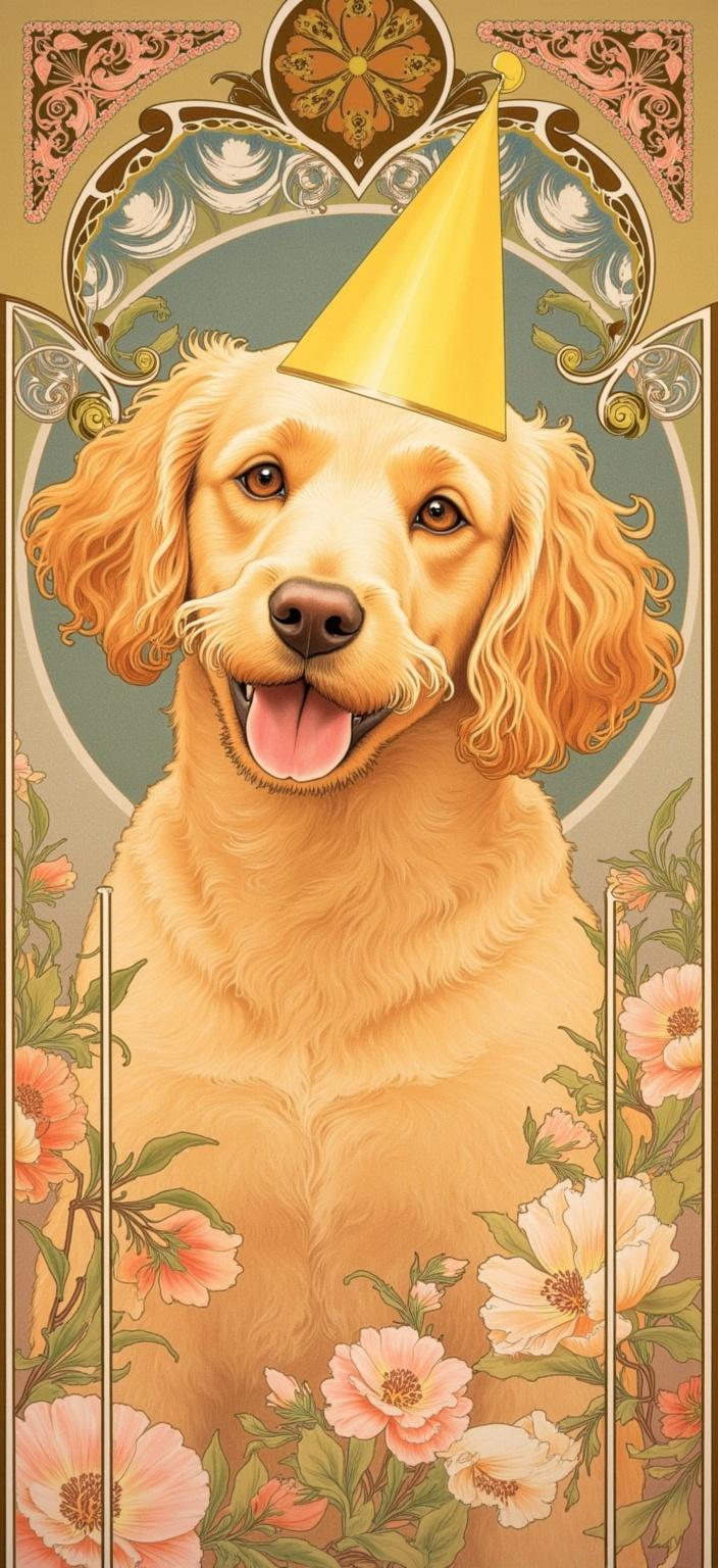 mucha, Enriched prompt: Imagine a captivating painting of a golden doodle, exuding warmth and joy, prominently placed at the center of the composition. The doodle wears a vibrant yellow birthday party hat tilted slightly to one side, lending a playful charm to its expression. This delightful subject is intricately detailed with flowing, organic lines that emphasize the texture of its curly fur, and its endearing gaze is framed by the gentle curve of its ears.

The backdrop is a mesmerizing tapestry of intricate decorative patterns inspired by the Mucha style. A harmonious blend of natural motifs such as delicate flowers, intertwining vines, and ethereal celestial elements creates a dreamlike, romantic aesthetic. These motifs are set against a highly stylized background that seamlessly merges fine art with design, evoking an atmosphere of poetic harmony.

Soft, delicate colors wash across the scene, inviting viewers to bask in its gentle, exuberant floral motifs. Sinuous vines weave through blooming flowers, while subtle geometric patterns add an ornamental quality, enhancing the visual richness of the composition.

Enclosing the entire scene is an elaborate ornamental frame, its sweeping curves and detailed embellishments reminiscent of a grand Gothic window. This intricate border, adorned with organic patterns, flowers, and celestial symbols, serves as both a visual unifier and a gateway into this serene, dreamlike realm. In this enchanting setting, nature and human emotion intertwine, offering a perfect digital wallpaper that captures the essence of art and design in poetic harmony.