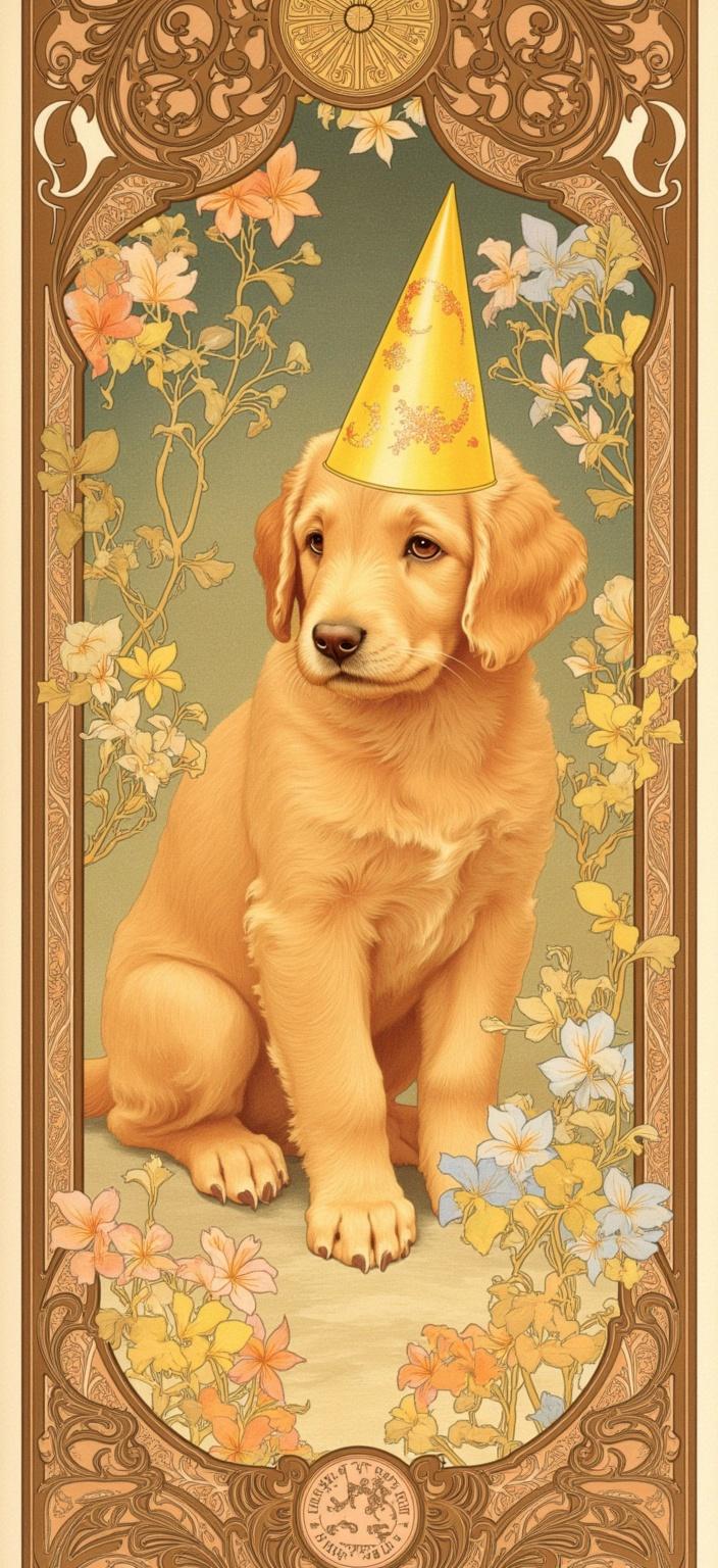 mucha, Enriched prompt: 

Imagine a captivating digital wallpaper centered around an enchanting golden doodle puppy, its soft, curly fur glowing with warm hues. This delightful creature is adorned with a cheerful yellow birthday party hat that features whimsical patterns of stars and moons, echoing a sense of festivity and wonder. The puppy sits poised in the heart of a richly detailed scene inspired by the flowing, organic lines characteristic of the Mucha style. Delicate, sinuous vines entwine gracefully with an array of blooming flowers, their petals painted in soft, muted tones that gently harmonize with the puppy’s golden coat.

The background presents a highly stylized tapestry of intricate decorative motifs and celestial elements, creating a dreamlike, romantic atmosphere. Subtle geometric patterns are intertwined with natural motifs, enhancing the composition with a refined, ornamental quality. The entire scene is enveloped by an elaborate ornamental frame, reminiscent of a grand Gothic window. This intricate border is adorned with organic patterns, flowers, and celestial symbols, serving as a visual gateway into a poetic realm where nature and emotion coalesce.

Every element is meticulously crafted to ensure a crisp, clean look, making it perfectly suited as a stunning digital wallpaper that brings elegance and charm to any screen it adorns.