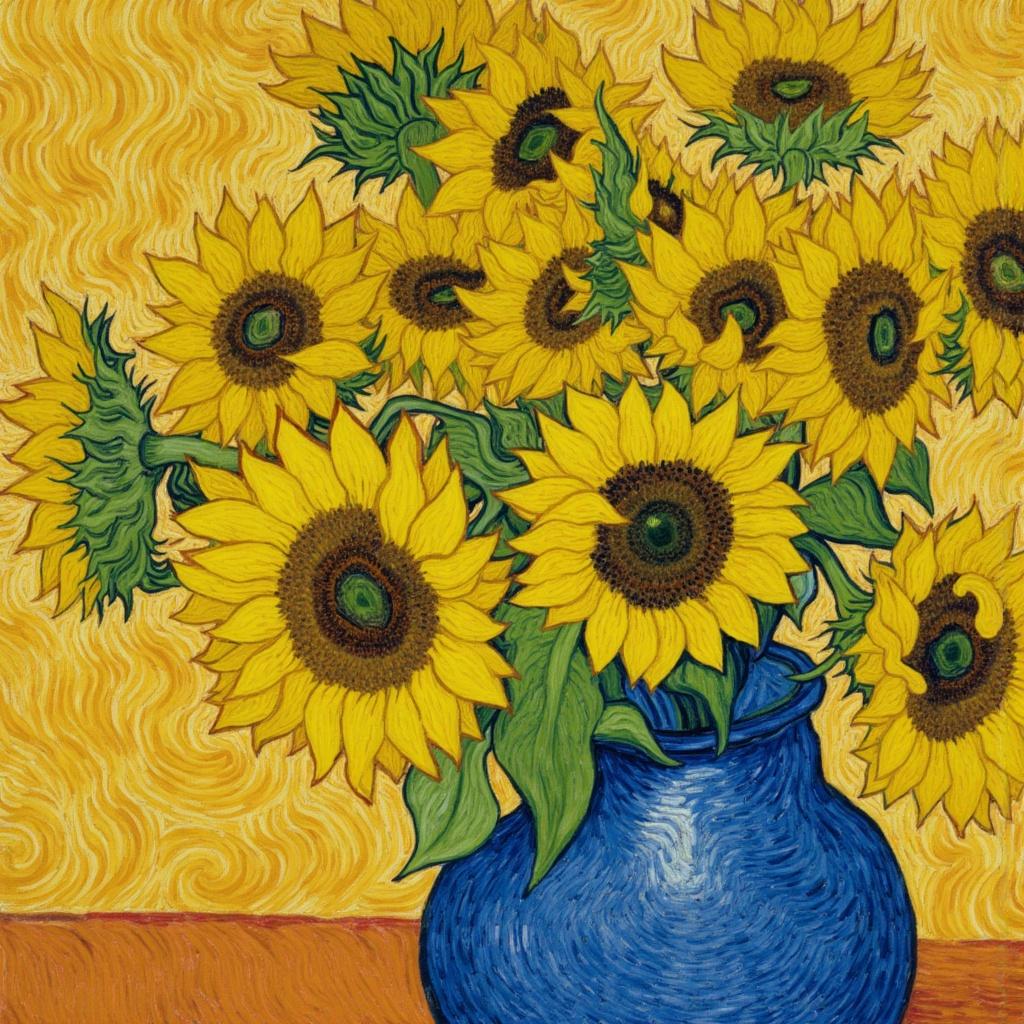 van_gogh, Enriched prompt: A striking and emotionally charged painting featuring a bouquet of sunflowers arranged in a vivid blue vase. The artwork is inspired by an expressive style characterized by intense color, dynamic brushwork, and bold compositions. The sunflowers are portrayed in vibrant, rich yellows, contrasting beautifully against the striking azure of the vase, which is further emphasized by thick, impasto layers that add a tactile quality to the piece. The background is a lively dance of complementary colors, with swirls of orange and purple creating a dramatic visual impact. The brushstrokes are loose and energetic, capturing a sense of movement and life, while also conveying deep emotional resonance. The curly, flame-like patterns of the painting imbue the sunflowers with a rhythmic, almost pulsating quality, making the overall composition both captivating and evocative. This artwork, perfect for digital wallpaper, invites the viewer into a world of raw emotion and urgency, ensuring a visually compelling and immersive experience.