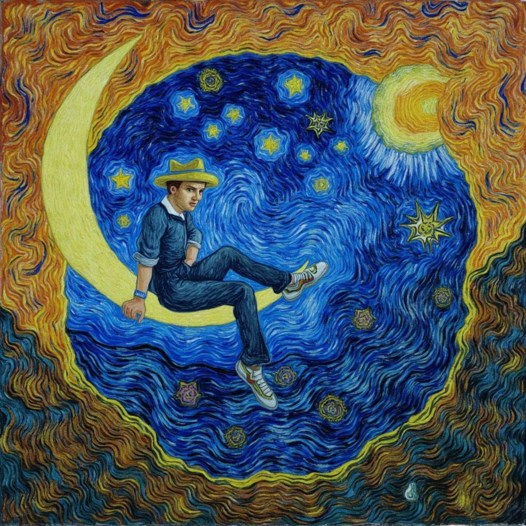 van_gogh, Enriched prompt: Imagine a mesmerizing painting that captures the enigmatic figure of Vincent van Gogh sitting serenely on a crescent moon, floating amidst a cosmic backdrop. The scene is bathed in intense, vivid colors that radiate energy and emotion, painted in thick, impasto layers. The moon, a vibrant swirl of blues and purples, contrasts boldly with the warm oranges and yellows of the night sky. This celestial setting is alive with movement, brought to life by the dynamic and swirling brushstrokes characteristic of Van Gogh's style, mimicking a dance of fiery patterns in the ether. Van Gogh himself, depicted with intricate detail, is imbued with a sense of raw emotion, his every feature reflecting a contemplative pose as he gazes thoughtfully ahead. The painting is infused with a rhythmic, pulsating quality, evoking a sense of urgency and introspection that is both deeply personal and universally compelling. This artwork, centered perfectly, presents a crisp, clean allure, making it an ideal choice for a stunning digital wallpaper that captures the essence of Van Gogh's passionate and expressive artistry.
