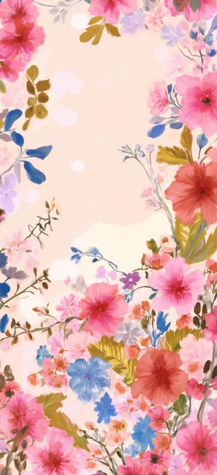 colorful_illustration, Enriched prompt: The painting captures a close-up view of cherry blossoms gently falling in the breeze, set against a pale pink and white background with a minimalist design. The blossoms, rendered with a dynamic, hand-drawn feel, showcase a vibrant and colorful illustration style. Enveloping the scene, the background is adorned with organic shapes and scattered decorative elements, including various leaves and floral motifs that are arranged harmoniously across the canvas. This lends a natural, free-flowing quality to the design. The artwork draws inspiration from a lavish and decorative style, with an intricate composition that blends bold organic shapes with delicate details. Scattered ornamental elements like dots, swirls, and abstract motifs add layers of interest. The luxurious layering of colors and patterns creates a sense of depth and movement, reminiscent of Scandinavian folk art and mid-century botanical prints. The overall design is centered, ensuring a crisp, clean look that is perfect for printing as a digital wallpaper.