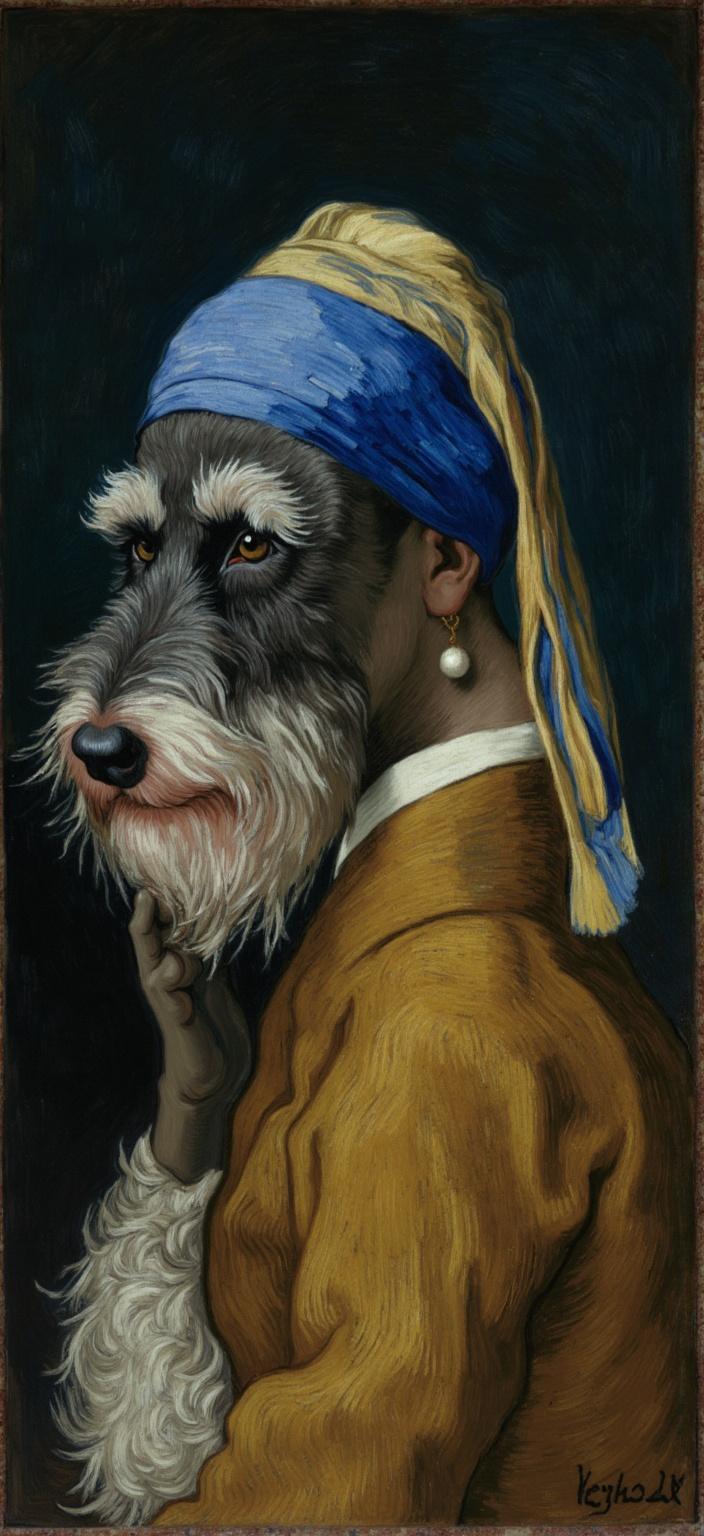 van_gogh, Enriched prompt:

Imagine a captivating digital wallpaper showcasing a Schnauzer dog portrayed with the timeless elegance reminiscent of Vermeer’s ‘Girl with a Pearl Earring’. At the heart of the composition, the Schnauzer is meticulously detailed, highlighting its fluffy black and white beard and soulful eyes, captured in a classic three-quarter pose. Cloaked in a luxurious brown-gold garment, the dog exudes regality, complemented by a blue and cream headscarf that drapes gracefully over its head.

The painting draws inspiration from the intense and vibrant style of Dutch Baroque, infusing it with a dynamic modern twist. The background is dark and moody, setting the stage for a soft, ethereal light that bathes the Schnauzer's expressive face in warmth, creating a stark yet harmonious contrast. The palette is alive with vivid, rich colors—imagine the interplay of deep blues and warm golds, intensified through bold, complementary contrasts like fiery oranges against calming blues.

This artwork thrives on its dynamic brushwork, where each stroke tells a story of movement and energy. The swirling, curly patterns resemble flames dancing around the subject, bringing a rhythmic pulsation as if the painting itself breathes with life. The application of impasto layers adds texture and depth, making the Schnauzer seem almost tangible, inviting the viewer into its world of whimsy and realism.

This digital wallpaper not only captures the soul and character of the Schnauzer but also evokes raw emotion and an urgency, making the work both deeply personal and universally compelling. It is a quintessential blend of classic elegance and contemporary vibrancy, perfect for making a bold yet sophisticated statement in any room.