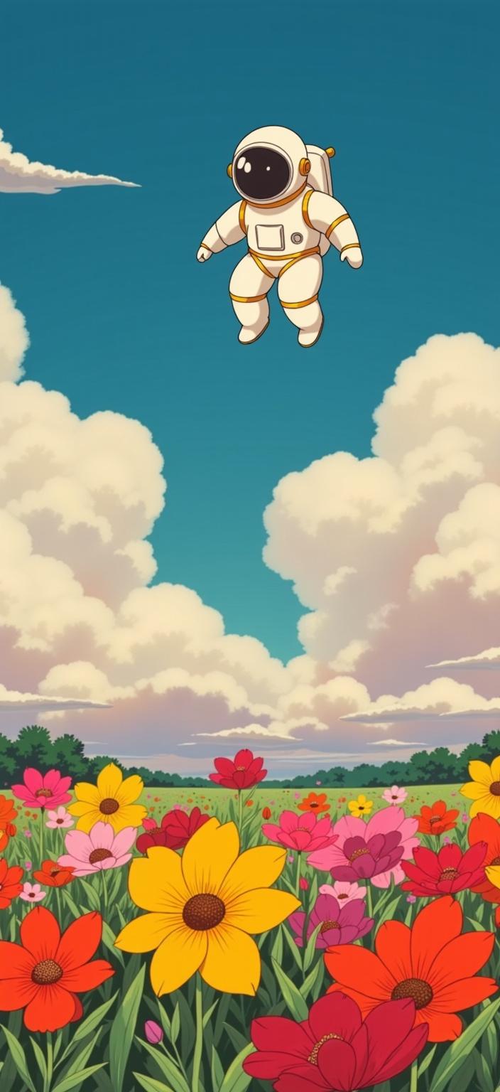 ghibli_illustration, Enriched prompt: Imagine an enchanting scene of an astronaut gracefully navigating a sea of vibrant, otherworldly flowers on an alien planet. The painting is infused with the charm of hand-drawn animation, featuring richly detailed backgrounds that draw the viewer into a fantastical realm. The astronaut, with an expressive and whimsical character design, stands as the heart of the image, expertly crafted with warm, natural lighting that bathes the scene in a cozy, inviting glow. The flowers, painted in bright yet slightly muted colors, surround the astronaut, creating a joyful and dreamlike environment. Soft, painterly textures and subtle imperfections lend the piece an organic, lived-in feel. The background is alive with meticulous renderings of everyday objects and textures, adding depth and tangibility to the scene. This delightful and nostalgic piece is centered perfectly to ensure a crisp, clean look, making it an ideal digital wallpaper that evokes a sense of wonder and adventure.