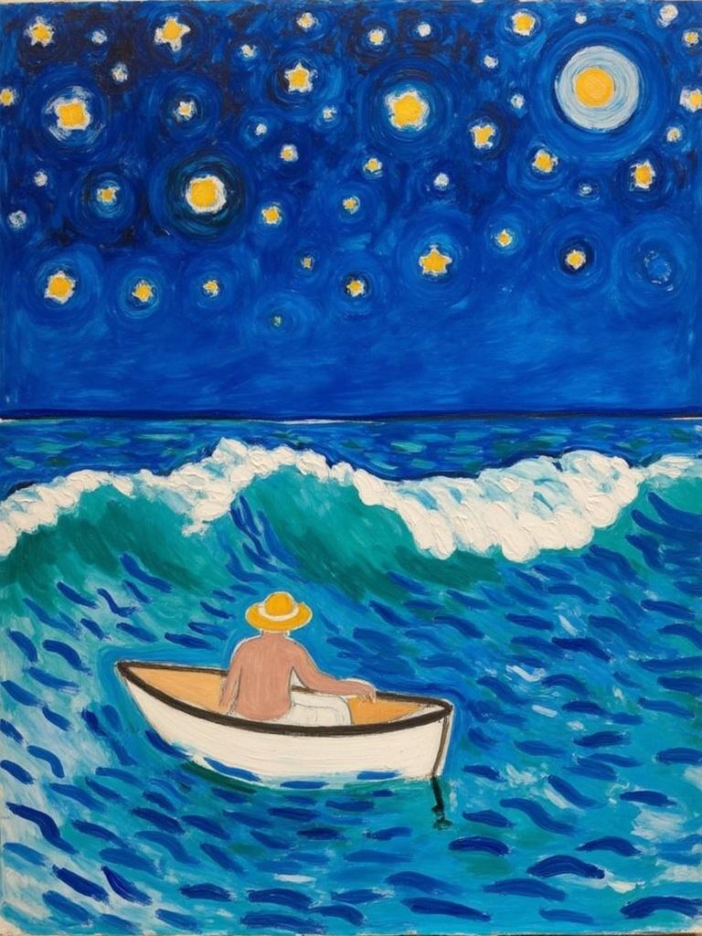 mattise_nice, A captivating scene unfolds, centering on a small rowboat gently bobbing on the swirling waves, reminiscent of Van Gogh's fluid brushstrokes. The boat, rendered with subtle details, houses a lone figure—a man, his back turned to us. He wears a wide-brimmed straw hat that casts a soft shadow around him, hinting at a quiet contemplation as he drifts through the undulating sea. Above, the night sky is a tapestry of deep blues and sparkling stars, each twinkling like a gem in the vastness above. The entire composition draws inspiration from Matisse's "Nice" period, infusing the scene with bold, vibrant colors and fluid lines that bring warmth and emotion to the night. The contrast between the swirling sea and the serene figure in the boat highlights a moment of tranquility amidst the dynamic movement of the night. This image is centered to ensure a crisp, clean look, making it ideal for a digital wallpaper, capturing serenity and motion in perfect harmony.