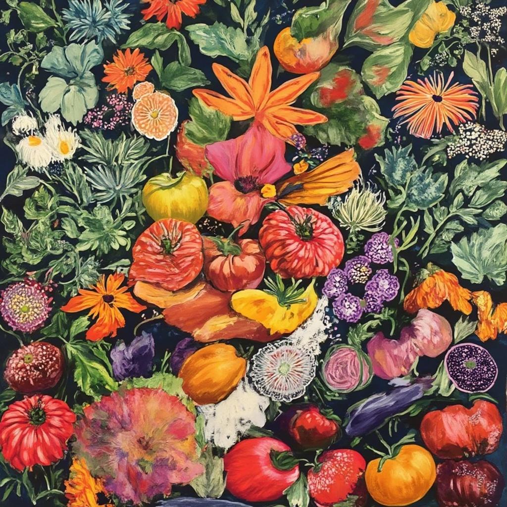 colorful_illustration, Enriched prompt: The painting features an enchanting array of garden vegetables, each rendered with a vibrant and colorful illustration style that exudes a playful, dynamic, and hand-drawn feel. At the center of the canvas, a bountiful harvest of vegetables—ripe tomatoes, crisp bell peppers, luscious aubergines, and leafy greens—are meticulously arranged to form a harmonious composition. Surrounding these vegetables are ornate, organic shapes that echo the natural elegance of the produce.

The background is adorned with a rich tapestry of decorative elements, including scattered ornamental motifs such as dots, swirls, and delicate abstract designs. These elements are intertwined with a variety of leaves and floral patterns, creating a luxurious layering effect that brings a sense of depth and movement to the artwork. The lavish composition draws inspiration from the intricate, decorative style reminiscent of Scandinavian folk art and mid-century botanical prints.

The organic shapes and radial floral patterns are harmoniously arranged across the canvas, providing a free-flowing quality that captures the essence of a hand-drawn illustration. The painting’s dynamic use of bold colors and intricate details makes it a stunning centerpiece, ideal for printing as wall art. The overall design ensures a crisp, clean look, making it a perfect statement piece that brings nature’s beauty indoors.