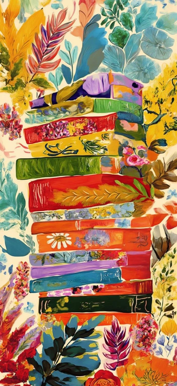 colorful_illustration, Enriched prompt: Visualize a captivating painting centered on a collection of books, each stacked in a whimsical, dynamic arrangement that captures the imagination. Embrace a vibrant and colorful illustration style characterized by a playful, hand-drawn feel. The painting should exude liveliness and energy, with books depicted in bold, rich colors that pop against the canvas, inviting the viewer to explore their pages.

The background should be a tapestry of organic shapes and scattered decorative elements, seamlessly blending with various leaves and floral motifs. These elements flow harmoniously across the art piece, contributing to a natural, free-flowing quality that enhances the design's complexity and charm. This lavish and decorative style should boast an intricate composition, where bold organic shapes beautifully intertwine with delicate details.

Enhance the scene with scattered ornamental elements like dots, swirls, and abstract motifs, lending the image depth and movement. The luxurious layering of colors and patterns imbues the painting with a dynamic, engaging visual appeal. Incorporate organic shapes and radial floral patterns to achieve a harmonious, hand-drawn feel, reminiscent of Scandinavian folk art and mid-century botanical prints.

This artwork, envisioned as a digital wallpaper, should be centered perfectly to ensure a crisp, clean look that elevates any digital display, transforming screens into a canvas of artistic wonder.