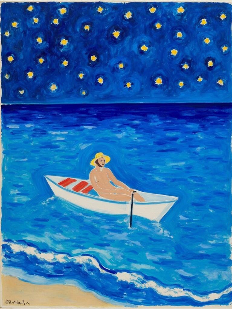 mattise_nice, A captivating painting inspired by the "Matisse-in-Nice" style, depicting a tranquil scene centered around a small rowboat gently drifting through the undulating waves of a serene night sea. In the boat sits a solitary man, his figure relaxed and contemplative, wearing a distinctive straw hat that casts subtle shadows upon his face. The night sky above is a mesmerizing expanse, dotted with brilliantly twinkling stars that shimmer and dance across the canvas, their light reflecting delicately on the water’s surface. The scene is imbued with the bold and vibrant color palette characteristic of Matisse, with rich blues of the ocean blending seamlessly into the deep, mysterious hues of the sky. This harmonious composition creates a sense of peaceful solitude and infinite wonder. The image is meticulously centered, ensuring a crisp and clean look that is perfectly suited for digital wallpaper, inviting viewers to lose themselves in its tranquil beauty and artistic charm.