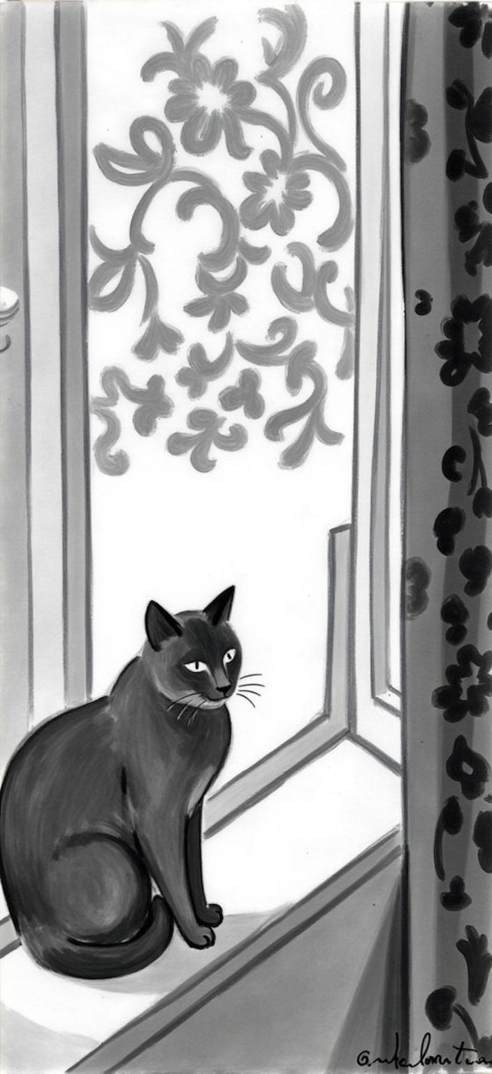 mattise_nice, Create a digital wallpaper that captures the essence of Matisse's vibrant and expressive style, but rendered in a stunning black and white composition. The scene is a tranquil moment, set in a desktop resolution landscape format, perfect for a crisp, clean look on any screen. At the center of the image sits a serene cat, gracefully poised by a large window. The window, elegantly framed, reveals gentle shadows and patterns reminiscent of Matisse's works in Nice, conveying a sense of warmth and tranquility. The soft, flowing lines and the play of light and shadow across the room echo the artist's love for bold, yet harmonious shapes and forms. This monochrome masterpiece is meticulously designed to serve as a captivating and stylish digital wallpaper.