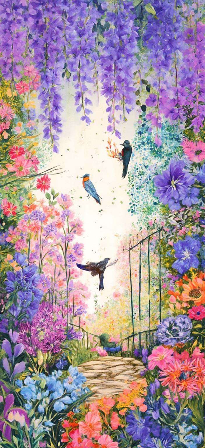 colorful_illustration, Enriched prompt: Imagine a mesmerizing digital wallpaper that captures the tranquil beauty of a garden scene under a canopy of purple wisteria blooms. The wisteria cascades from above, their delicate flowers forming a lush, natural curtain that invites viewers into this enchanting world. Beneath this floral canopy, swallows and finches elegantly glide through the scene or perch gracefully on ornate trellises, adding a lively touch to the serene setting.

The painting is rendered in a vibrant and colorful illustration style, reminiscent of playful, dynamic hand-drawn artwork. The background is adorned with an array of organic shapes, featuring scattered decorative elements like dots, swirls, and abstract motifs. Various leaves and floral elements harmoniously adorn the canvas, contributing to the painting's natural, free-flowing quality.

The artwork draws inspiration from lavish, decorative styles, intricate in composition, blending bold organic forms with delicate details. The luxurious layering of colors and patterns creates a sense of depth and movement, while radial floral patterns add a harmonious, hand-drawn feel, reminiscent of Scandinavian folk art and mid-century botanical prints. This vibrant and intricate design is centered within the frame, ensuring it can be crisply and cleanly printed onto a digital wallpaper, transforming any space into a refreshing, nature-inspired retreat.