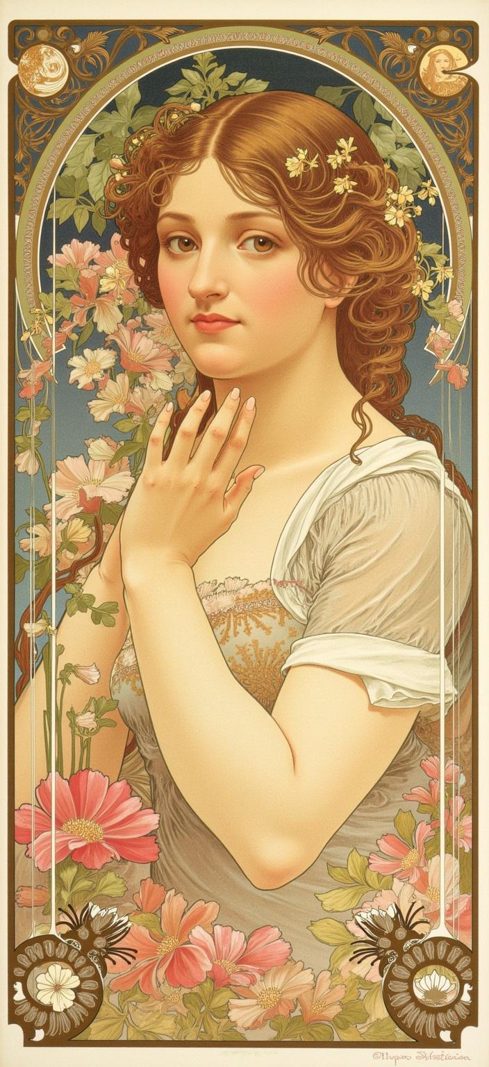 mucha, Enriched prompt: A stunning headshot painting of a beautiful young woman, her gaze directly meeting the viewer with a serene and enchanting expression, positioned centrally for a captivating focus. Her flowing hair is intertwined with delicate vines and flourishing flowers, creating an organic halo that frames her visage. Her elegant attire features intricate decorative patterns, seamlessly blending with the natural motifs surrounding her. The background is a harmonious tapestry of stylized celestial elements and art nouveau-inspired patterns, painted in a soft palette of vibrant yet delicate colors that evoke a dreamlike, romantic ambiance.

In the style of Alphonse Mucha, the composition is further enriched with exuberant floral motifs, composed of sinuous vines, blooming flowers in subtle geometric arrangements, and ethereal, ornamental qualities, bringing a refined elegance to her presence. An elaborate, decorative border encapsulates the scene, its sweeping curves reminiscent of a grand Gothic window, adorned with intricate organic patterns, celestial symbols, and flowers. This framing element serves to seamlessly unite the portrait with its background, inviting the viewer into a realm where nature and human emotion intertwine in a poetic, harmonious dance. Perfectly sized and composed for a digital wallpaper, this artwork is a visual symphony of beauty and intricate design, ready to grace any screen with its timeless allure.