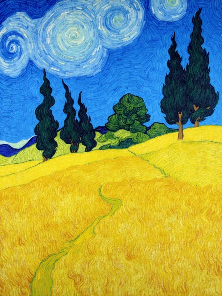 van_gogh, Enriched prompt: Imagine a sprawling wheat field, bathed in the golden glow of a late afternoon sun, with cypress trees standing tall and elegant in the distance. The scene is painted in a style defined by intense color and dynamic brushwork, reminiscent of the swirling energy and emotional depth found in expressive compositions. The wheat is depicted in vivid, rich yellows and golds, applied in thick, impasto layers, conveying a sense of vitality and movement as if gently swaying in a summer breeze. The cypress trees, with their dark, statuesque forms, contrast boldly against the brilliant azure sky, punctuated with swirling, flame-like patterns of clouds that dance around them.

The interplay of complementary colors—vibrant yellows of the wheat fields against the deep blue sky—is crafted to heighten visual impact and intensity. As your eyes move across the painting, you'll notice the energetic brushstrokes that define the landscape, each stroke pulsating with rhythm and life. The painting's surface is alive with curly, dynamic lines and flame-like patterns, invoking a sense of urgency and raw emotion, making this artwork both deeply personal and universally compelling.

This image, centered for a crisp and clean look, is perfect for a digital wallpaper, capturing the essence of nature's beauty combined with an artist's passionate interpretation. The unique vibrancy and motion within the painting will transform any digital space, leaving a lasting impression of vitality and emotional depth.