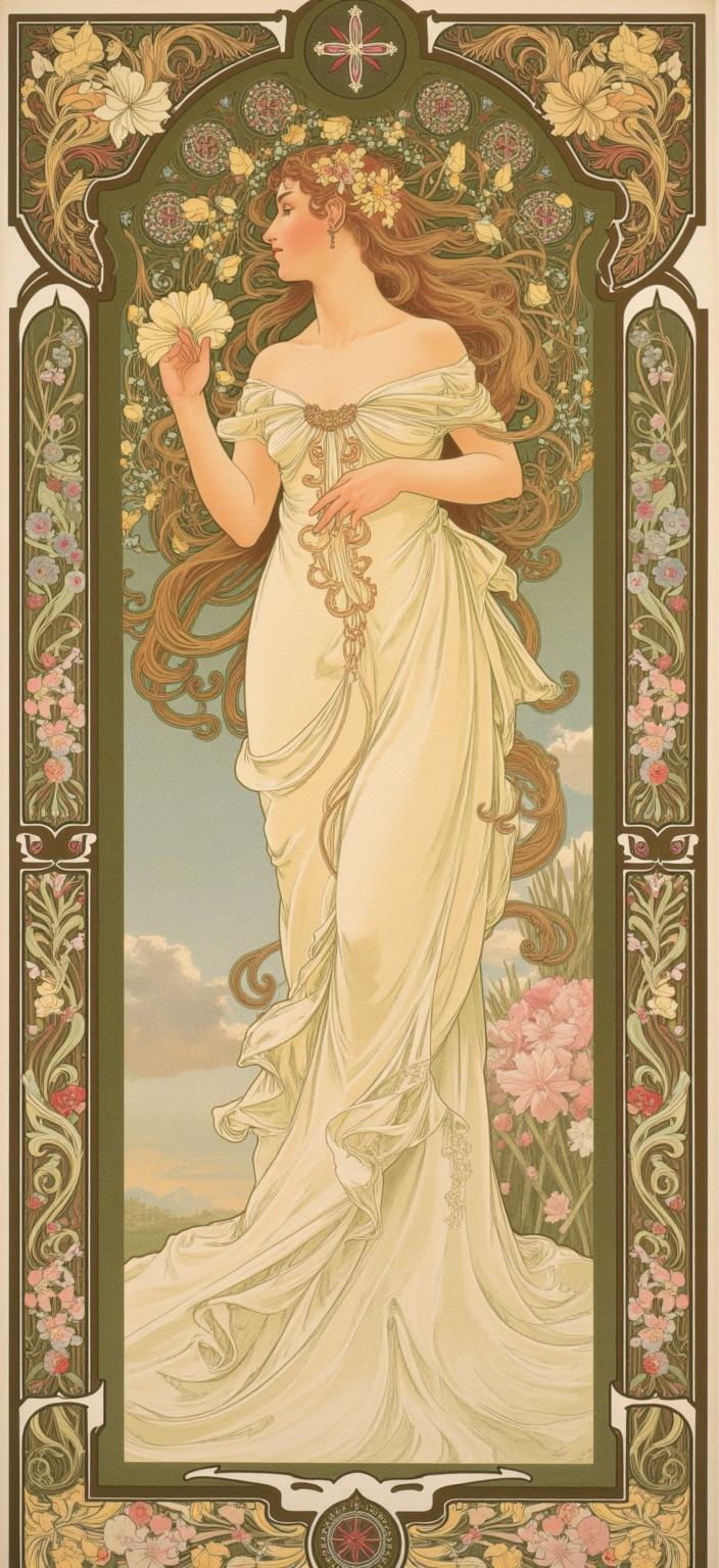 mucha, Enriched prompt: The painting features a captivating nymph-like female figure, gracefully poised in the center of the composition, exuding an ethereal allure. Her flowing hair cascades down like a waterfall of silken strands, intricately interwoven with delicate vines and blooming flowers, creating a natural crown that complements her serene visage. She is adorned in ornate decorations, including fine jewelry and a gown that seems to have been spun from the very fibers of nature, embellished with intricate patterns of celestial symbols and organic motifs.

The style draws inspiration from the flowing, organic lines and intricate decorative patterns reminiscent of Alphonse Mucha's art. Surrounding the central figure is a harmonious tapestry of natural motifs, such as sinuous vines entwining with exuberant floral displays, forming a seamless dance with subtle geometric patterns. The background is highly stylized, characterized by a dreamlike, romantic aesthetic that blends fine art with design elements to create a tranquil yet mesmerizing atmosphere.

Enveloping the entire scene is an elaborate ornamental frame, reminiscent of a grand Gothic window. Its sweeping curves and detailed embellishments, adorned with organic patterns, celestial symbols, and floral elements, act as a visual unifier. This border not only encapsulates the essence of the artwork but also beckons viewers into a poetic realm where nature and human emotion intertwine harmoniously.

As a digital wallpaper, this artwork is centered and crafted with precision to ensure a crisp, clean look, perfect for enhancing the elegance of any digital display, transforming it into a window to this enchanting, dreamlike world.