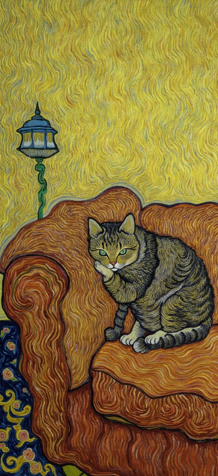 van_gogh, In this captivating painting, the subject is a charming and cute cat lounging leisurely on a plush couch. The scene captures the essence of tranquility and comfort, as the cat's serene posture and relaxed demeanor invite a sense of peace and contentment. This is no ordinary portrayal; the image draws inspiration from a style characterized by intense color and dynamic brushwork. The artist has employed vivid, rich colors applied in thick, impasto layers, creating an illusion of depth and motion, bringing the scene to life with emotional resonance.

The painting utilizes bold, expressive compositions that make use of striking complementary color contrasts, such as blue and orange, or yellow and purple, to heighten visual impact. The background and the couch are depicted in swirling, curly patterns reminiscent of flames, adding a rhythmic, pulsating quality to the artwork. These dynamic touches, combined with vigorous, linear patterns, create a unique sense of motion as if the couch and the environment seem to breathe along with the resting feline.

The brushstrokes are loose, energetic, and purposeful, conveying a sense of urgency and raw emotion that makes the piece both deeply personal and universally appealing. This captivating artwork, centered to maintain a crisp, clean look, is perfectly designed to be printed as a digital wallpaper, ensuring it captivates and enchants anyone who views it, transforming any digital space into a haven of vibrant emotion and dynamic beauty.