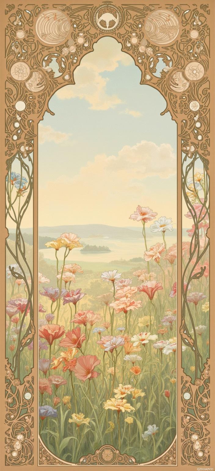 mucha, Enriched prompt: A breathtaking scene unfolds, presenting a dreamy field of wildflowers bathed in the soft glow of morning light. The landscape is adorned with pastel tones, creating a serene and ethereal atmosphere. Inspired by the Art Nouveau style, this painting captures the eye with its flowing, organic lines and intricate decorative patterns. The foreground blossoms with an array of vibrant wildflowers, each elegantly defined, their colors harmonizing with the gentle pastel sky above. The wildflowers display a spectrum of colors, from soft pinks and purples to gentle blues and yellows, arranged with sinuous vines that weave throughout the scene.

Encircling the composition is an elaborate ornamental frame, reminiscent of a grand Gothic window. This frame is a masterpiece in itself, filled with sweeping curves, detailed embellishments, and organic patterns. Flowers and celestial symbols intricately interlace within the border, echoing the motifs found within the field. The background is highly stylized, creating a dreamlike, romantic aesthetic where natural motifs blend effortlessly with fine art and design. The harmonious blend of nature and decor is accentuated by a refined, ornamental quality, reminiscent of Mucha’s signature style.

As a digital wallpaper, the image is centered to ensure a crisp, clean look, ideal for printing. This detailed, romantic portrayal serves as both a visual escape and an artistic gateway into a dreamlike realm, where nature and human emotion are interwoven in poetic harmony.