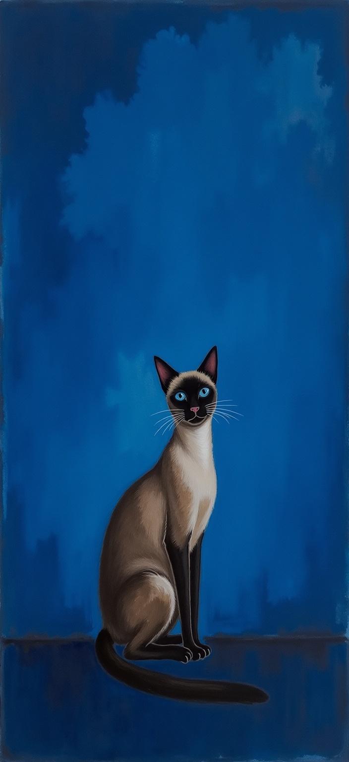 rothko, In the image, a graceful Siamese cat sits elegantly at the center, its sleek form outlined with a subtle yet striking contrast against a dark blue background. The deep azure hue embodies a dreamlike quality, akin to a fantastical landscape that draws the viewer into an ethereal realm. The painting takes inspiration from an intricate style where translucent layers of color are meticulously applied, allowing an ethereal light to permeate from within, creating a sense of 'inner light' that envelops the scene.

The composition is a harmonious blend of blurred boundaries where colors seem to melt and fuse together, crafting an almost mystical transition between the cat and its surroundings. At a close glance, the rich tapestry of colors appears to collide and merge in a seamless dance, while from afar, the soft-edged shapes and forms appear to float weightlessly, giving the entire artwork an illusion of suspended motion and vibrant energy.

The richly varied surface adds depth and complexity, featuring strokes and drips of paint that defy convention, flowing in unexpected directions to enhance the overall dynamism of the image. The dreamlike yet serene setting is perfectly suited for printing as a digital wallpaper, ensuring that the enchantment of this imagined world can be experienced anew each time it is viewed.