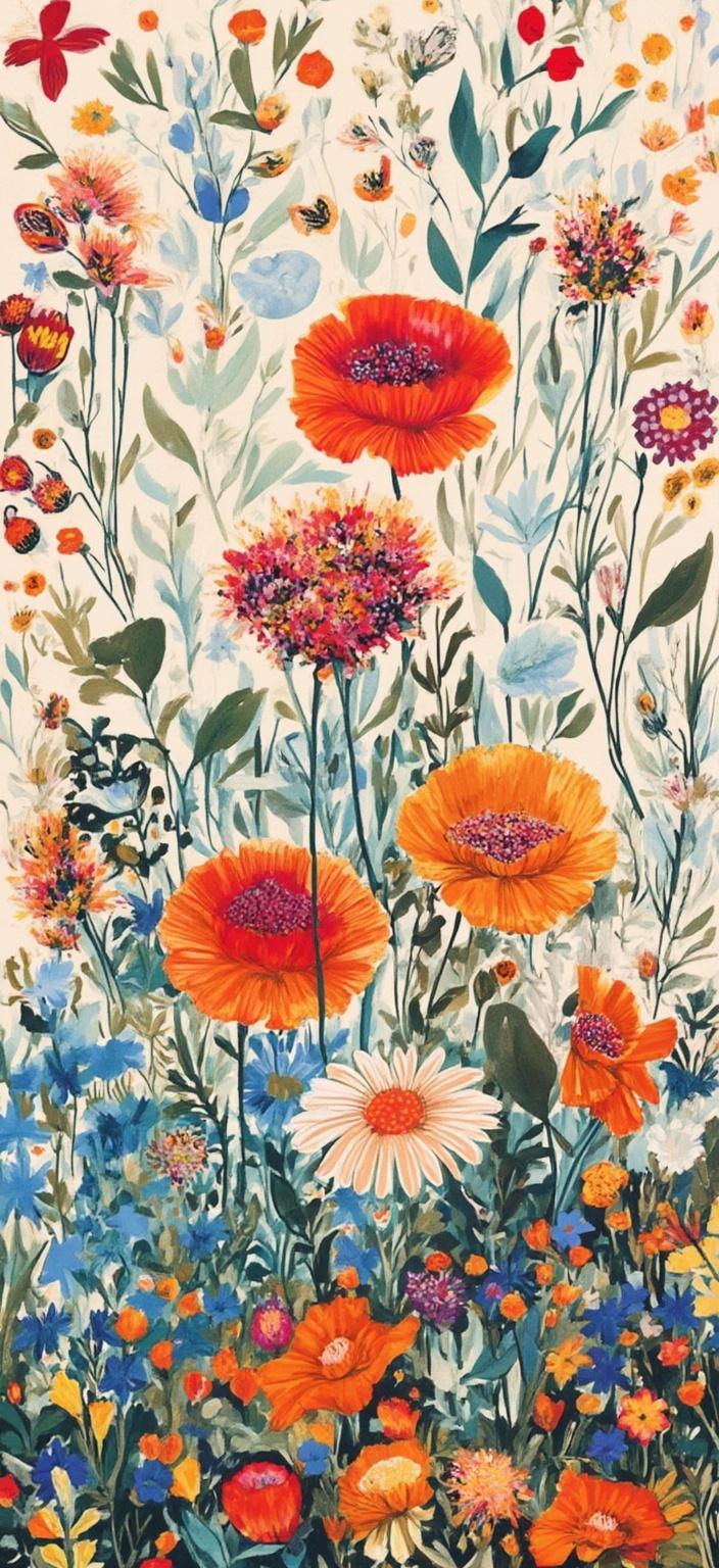 colorful_illustration, Enriched prompt: Imagine a captivating scene of a field brimming with mixed wildflowers, each bloom painted with a vibrant and colorful illustration style. At the forefront, clusters of vibrant poppies stand tall, their deep reds and oranges creating striking contrasts against the delicate white petals of daisies that dance gracefully in the gentle breeze. Beneath them, a lush carpet of bluebells adds a cool, serene blue tone to the composition. 

The backdrop is adorned with playful, dynamic elements, featuring organic shapes and scattered decorative motifs that add to the hand-drawn, whimsical feel of the artwork. Leaves of various shapes and sizes weave through the flowers, creating a harmonious tapestry of floral beauty. The canvas is alive with detailed patterns reminiscent of Scandinavian folk art, seamlessly incorporating bold organic shapes with intricate details.

The luxurious layering of colors and patterns infuses the scene with a sense of depth and movement, inviting the viewer to immerse themselves in the lively, yet serene atmosphere of the wildflower field. Dots, swirls, and abstract motifs are elegantly scattered across the painting, enhancing its lavish decorative style. The radial floral patterns and organic shapes work together to evoke a sense of natural flow, all while maintaining a crisp, clean look suitable for a digital wallpaper, ensuring it would be a stunning centerpiece for any screen.