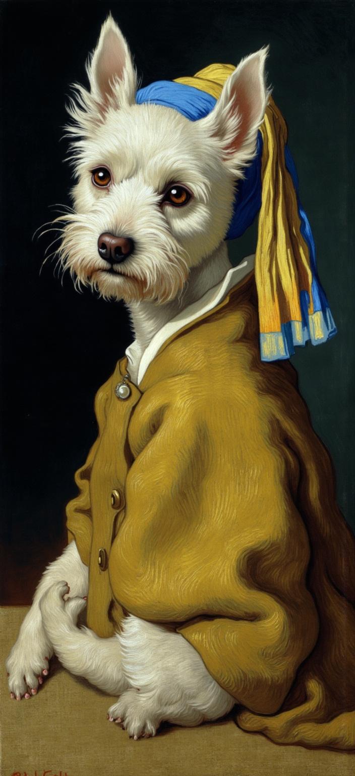 van_gogh, A captivating digital wallpaper featuring a small, fluffy West Highland White Terrier, dressed in a meticulously detailed homage to Vermeer’s ‘Girl with a Pearl Earring’. The terrier is portrayed with expressive eyes brimming with curiosity and intelligence, captured in a classic three-quarter pose. It sits against a dark, moody background that adds depth and focus to the subject, enhancing the painting's baroque realism. The dog wears a sumptuous golden-brown cloak that drapes naturally over its petite frame, paired with a large, flowing headscarf in vibrant blue and yellow hues, reminiscent of Vermeer’s iconic style. A lustrous pearl earring dangles elegantly from its ear, capturing the delicate play of light that Dutch Baroque art is renowned for. 

This image draws inspiration from a style known for its intense color, dynamic brushwork, and bold, expressive compositions, infusing the scene with a vivid richness. The colors are applied in thick, impasto layers, creating a sense of movement and emotional depth. Nuanced color contrasts, such as the harmonious clash of blue and orange, and the subtle interplay of yellow and purple, amplify the visual impact and bring intensity to the composition. The brushstrokes are loose and energetic, swirling with curly, flame-like patterns that impart a rhythmic, almost pulsating quality to the portrait. This dynamic touch, combined with vigorous, linear patterns, breathes life and motion into the artwork, embodying a painting infused with raw emotion and a sense of urgency. 

The centered layout ensures a crisp, clean presentation suitable for digital wallpaper, allowing the piece to transform any digital screen into a window to the elegance of baroque-inspired whimsy.