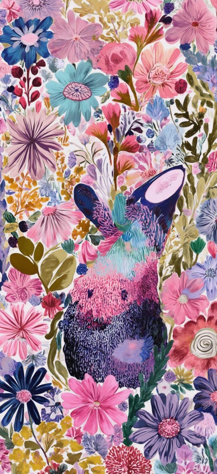 colorful_illustration, The enriched painting features a cute Rilikkum, a whimsical and enchanting character, sitting gracefully at the center of the image. The Rilikkum is designed with charming, endearing features: large, expressive eyes and a gentle smile that exudes warmth and friendliness. Its fur is soft and lush, with a vibrant palette of pastel pinks, purples, and blues that reflect a playful and dynamic atmosphere. The Rilikkum's tiny paws and delicate ears add to its adorable presence, capturing the heart of anyone who gazes upon it.

Surrounding the central figure, the background blossoms into a vivid and colorful illustration. The canvas is alive with an array of scattered decorative elements, including an assortment of organic shapes intertwined with various leaves and floral motifs. These elements are artfully arranged to create a seamless, natural flow across the entire canvas, injecting the design with a sense of vitality and movement.

The composition draws inspiration from the lavish, decorative style that combines bold, organic shapes with intricate, delicate details. Decorative elements such as dots, swirls, and abstract motifs are strategically placed, contributing layers of depth and texture. This luxurious tapestry of colors and patterns creates a captivating visual experience, reminiscent of Scandinavian folk art and mid-century botanical prints.

The overall harmony of organic shapes and radial floral patterns imparts a hand-drawn feel, ensuring the image is lively yet elegant. This dynamic and vibrant artwork serves as the perfect digital wallpaper, bringing color and joy to any device with its crisp, clean, and centered design, ideal for both whimsical delight and artistic sophistication.