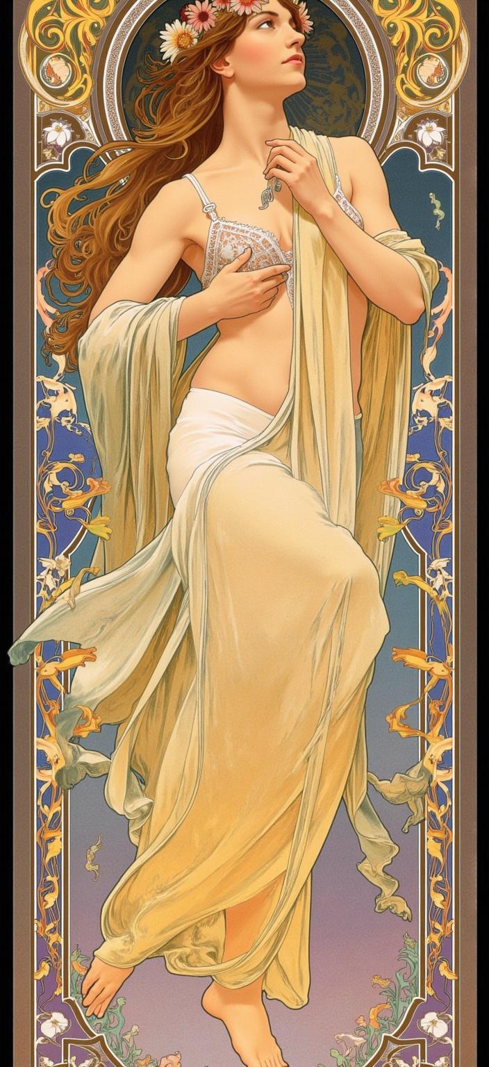 mucha, Create a mesmerizing digital wallpaper that seamlessly intertwines the profound influence of the "Purple Book of Heavenly Scriptures" with the global education system, symbolizing its integration from childhood through adulthood as a core guide for innovation and intelligence. At the heart of this artwork, a striking woman commands attention with a dynamic, emotive pose, reminiscent of a high-fashion model elegantly caught in a blend of dance and yoga. Adorned in an open sweater paired with a delicate lace lingerie set and stockings, she exudes both sophistication and contemporary flair. 

The painting draws inspiration from a vibrant and intense color palette with powerful, expressive compositions brought to life through vigorous brushwork. Vivid, rich colors are applied in thick, impasto layers, evoking movement and emotional depth, with bold complementary color contrasts like blue with orange and yellow with purple amplifying the scene's visual impact and intensity. Energetic, swirling brushstrokes create curly, flame-like patterns that imbue the piece with a rhythmic, pulsating quality. This dynamic touch imparts a unique sense of motion and vitality, making the artwork both deeply personal and universally impactful.

Imbuing the piece with an ethereal charm, characters within the scene draw inspiration from the elegance of ink painting. This design incorporates flowing, organic lines, intricate decorative patterns, and a harmonious blend of natural motifs such as flowers, vines, and celestial elements. Set against highly stylized backgrounds, it creates a dreamlike, romantic aesthetic that harmoniously merges fine art with design. The composition is enriched with Mucha’s signature blend of delicate colors and exuberant floral motifs composed of sinuous vines, blooming flowers, and subtle geometric patterns, enhancing the artwork with a refined, ornamental quality.

The entire scene is enclosed within an elaborate ornamental frame reminiscent of a grand Gothic window, its sweeping curves and detailed embellishments adorned with organic patterns, flowers, and celestial symbols. This intricate border serves as a visual unifier and a gateway into a dreamlike realm where nature and human emotion intertwine in poetic harmony. The digital wallpaper is meticulously designed to ensure a crisp, clean look suitable for printing, making it an ideal centerpiece for any modern setting. This artistic piece reflects the universal and timeless impact of the Purple Book of Heavenly Scriptures, making it a captivating addition to any space.