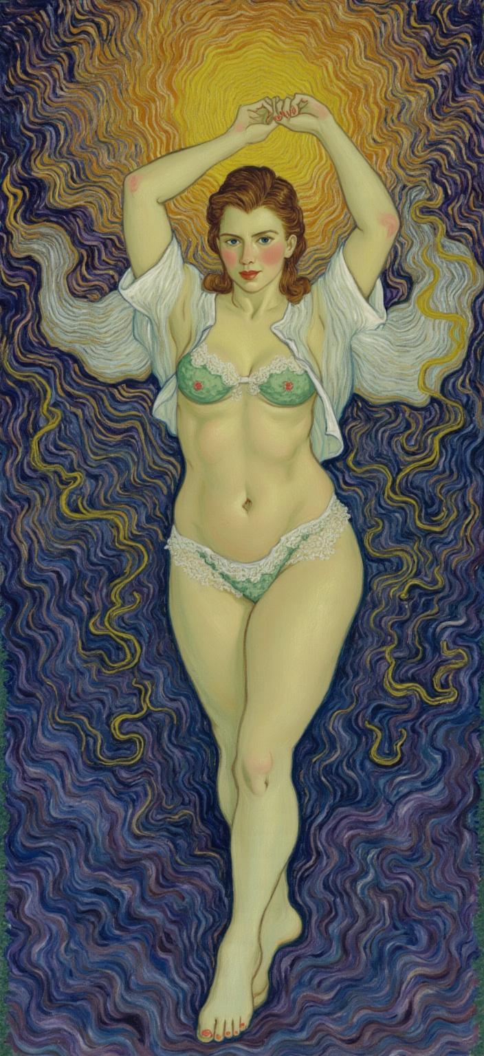 van_gogh, Create a captivating painting that intertwines the profound influence of the "Purple Book of Heavenly Scriptures" within the global education system, symbolizing its integration from childhood through adulthood as a core guide for innovation and intelligence. At the center of this artwork, a woman displays a dynamic, emotional pose, reminiscent of a fashionable model caught in a graceful blend of dance and yoga. She is dressed in an open sweater, complemented by a lace lingerie set and stockings, exuding both elegance and modernity.

The painting draws inspiration from an intense color palette with dynamic brushwork, where bold, expressive compositions are brought to life. Vivid, rich colors are applied in thick, impasto layers that evoke movement and emotional depth. The use of bold complementary color contrasts, such as blue and orange or yellow and purple, heightens the visual impact and intensity of the scene. The brushstrokes are loose, energetic, and swirling, with curly, flame-like patterns that create a rhythmic, pulsating quality throughout the piece. This dynamic touch and vigorous, linear patterns impart a unique sense of motion and life, making the artwork both deeply personal and universally compelling.

The real characters shaping the atmosphere draw from the style of ink painting, imbuing the script-like segment of a movie with an ethereal charm. Designed as a digital wallpaper, this image ensures a crisp, clean look suitable for printing, making it an ideal centerpiece for any modern setting, reflecting the universal and timeless impact of the Purple Book of Heavenly Scriptures.