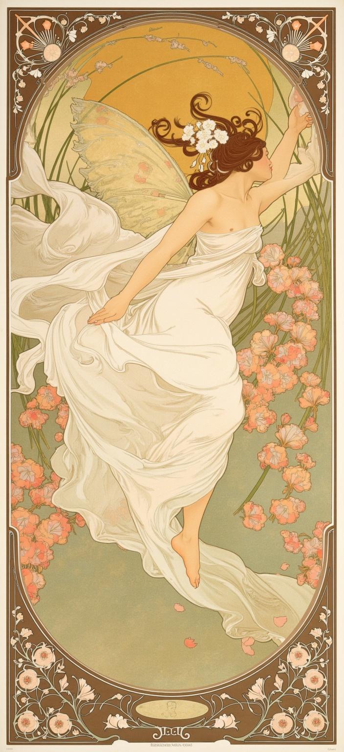 mucha, Enriched prompt: The painting captures a serene ballet-like pose midair, where the fairy's delicate, translucent wings are gracefully caught in a spiral of petals, creating a dynamic yet ethereal scene. Her flowing robes seamlessly blend into a swirling wind of cherry blossoms, creating a fluid motion that fills the composition with vibrant life. Painted in a style reminiscent of Mucha, the work features flowing, organic lines and intricate decorative patterns that emphasize the fairy's elegance. The background showcases a harmonious blend of natural motifs, including sinuous vines, blooming flowers, and celestial elements, all contributing to a dreamlike, romantic aesthetic. The delicate colors merge seamlessly, enhancing the scene with a refined, ornamental quality. The entire composition is surrounded by an elaborate ornamental frame reminiscent of a grand Gothic window, its sweeping curves and detailed embellishments adorned with organic patterns, flowers, and celestial symbols. This intricate border serves as both a visual unifier and a gateway into a dreamlike realm, where nature and human emotion intertwine in poetic harmony, perfect for a digital wallpaper that encapsulates both beauty and tranquility.