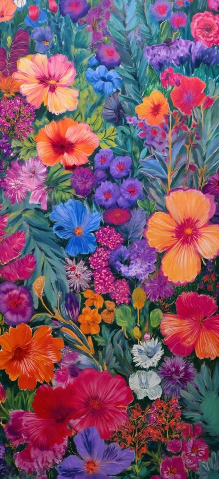 colorful_illustration, In this mesmerizing digital wallpaper, an astronaut gracefully stands amidst a lush, alien garden on an otherworldly planet. The scene is a vibrant symphony of color and life, enveloping the viewer in a sense of wonder and exploration. The astronaut, clad in a gleaming space suit, is the central figure, surrounded by an enchanting array of extraterrestrial flora. The plants, a kaleidoscope of bold, organic shapes, boast flowers in a riot of colors, from vivid reds and oranges to deep purples and blues, each petal intricately detailed to capture the essence of otherworldly beauty.

The background of the painting draws heavily from a dynamic, vibrant illustration style, with playful, hand-drawn elements. It's adorned with organic shapes and scattered decorative motifs that echo the rich diversity of the floral elements. Leaves and vines intertwine harmoniously, creating a natural, free-flowing tapestry that adds depth and movement to the composition.

This lavish, decorative style is further enhanced by intricate compositions of bold shapes and delicate details. Scattered ornamental elements like dots, swirls, and abstract motifs add layers of intrigue, inviting the viewer to delve deeper into the scene. The colors and patterns are luxuriously layered, giving the painting a sense of both depth and motion.

The harmonious, hand-drawn feel is reminiscent of Scandinavian folk art and mid-century botanical prints, with its radial floral patterns and sumptuous use of color. This enchanting blend of styles transforms the wallpaper into a work of art that's not only a window into a fantastical world but also a visually striking centerpiece suitable for any digital display.