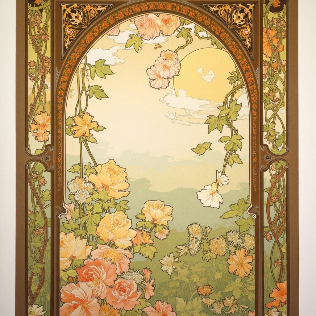 mucha, Enriched prompt: 

The painting is a breathtaking composition centered on an intricate stained glass window, capturing the essence of nature's beauty through a harmonious blend of flowing, organic lines and intricate decorative patterns. This exquisite piece is rendered in the style of Alphonse Mucha, known for his dreamlike, romantic aesthetic that seamlessly merges fine art with design. The stained glass window comes alive with vibrant natural motifs: sinuous vines weave their way through the scene, intertwining with blooming flowers in an exuberant celebration of floral splendor. Celestial elements, such as delicate stars and soft, swirling clouds, add an ethereal touch to the composition, drawing the viewer deeper into the serene landscape.

The background is highly stylized, offering a chromatic harmony that enhances the overall dreamlike quality of the piece. A palette of delicate colors—soft pastels juxtaposed with richer, earthier tones—infuses the painting with a refined, ornamental quality. Sinuous lines and subtle geometric patterns further enrich the composition, creating a visual tapestry that is both intricate and cohesive.

Encasing the scene is an elaborate ornamental frame, reminiscent of a grand Gothic window. This sweeping border, adorned with detailed embellishments, serves as a visual unifier, drawing together the myriad elements within the painting. The frame's organic patterns echo the natural motifs within, featuring entwined flowers and celestial symbols that act as a gateway into this dreamlike realm. Here, nature and human emotion intertwine in poetic harmony, creating a piece of wall art that invites contemplation and delight.

Designed for wall-art, the composition is centered to ensure a crisp, clean presentation, making it an ideal centerpiece for any space, offering a timeless reflection of beauty and tranquility.