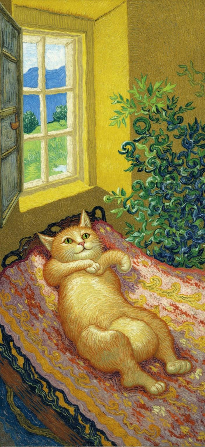 van_gogh, Enriched prompt: The painting captures a charming and serene scene of a cute chiller cat basking in the warm sunlight. The cat, with its plush fur and content expression, is portrayed lounging lazily, absorbing the golden rays in an idyllic setting. The surroundings are meticulously painted with intense color, dynamic brushwork, and bold, expressive compositions. The scene is alive with vivid and rich colors, applied in thick, impasto layers to evoke a palpable sense of warmth and relaxation. The use of bold complementary color contrasts—such as deep blues against fiery oranges and sunny yellows juxtaposed with soft purples—heightens the visual impact and lends an emotional depth to the image. The brushstrokes are loose and energetic, swirling around the cat in curly, flame-like patterns, creating a rhythmic, almost pulsating quality that infuses the artwork with motion and vitality. This dynamic touch, combined with vigorous, linear patterns, adds a unique sense of life to the scene. The painting, infused with raw emotion and a sense of urgency, conveys a moment of tranquil beauty, making the artwork both deeply personal and universally compelling. The image is centered, offering a crisp and clean look that is perfectly suited for printing as a digital wallpaper, transforming any background into a vibrant oasis.